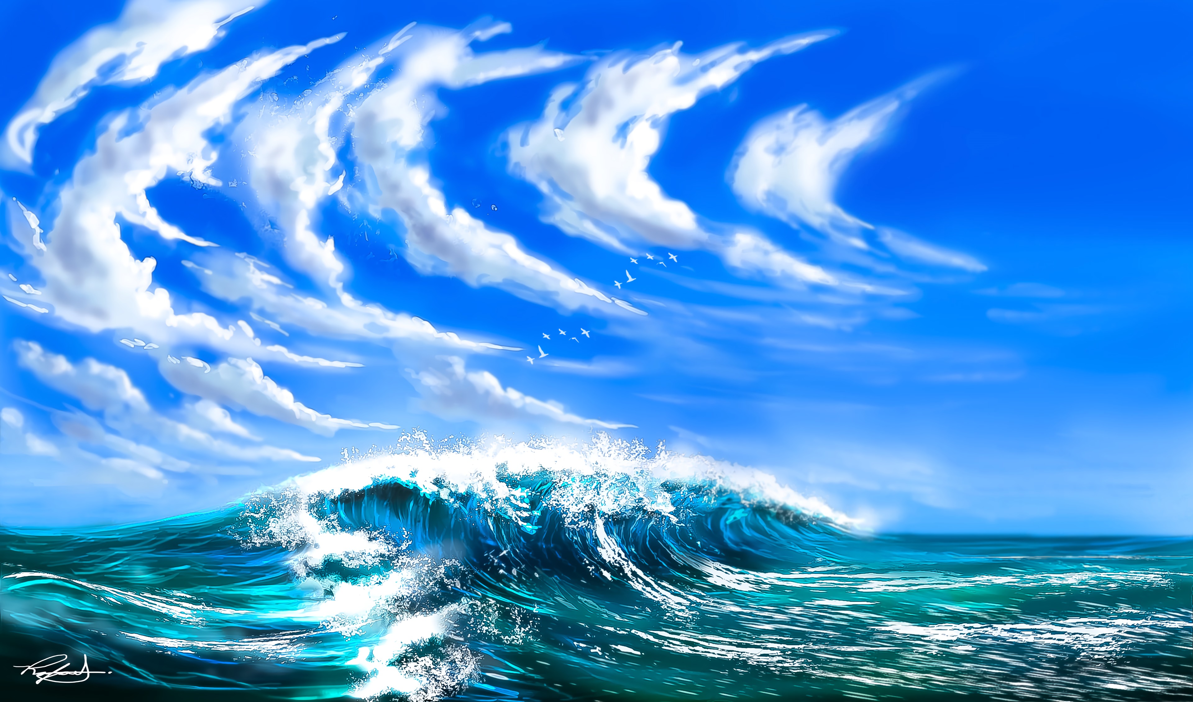 52458 Hintergrundbild herunterladen waves, vögel, kunst, sea, clouds - Bildschirmschoner und Bilder kostenlos