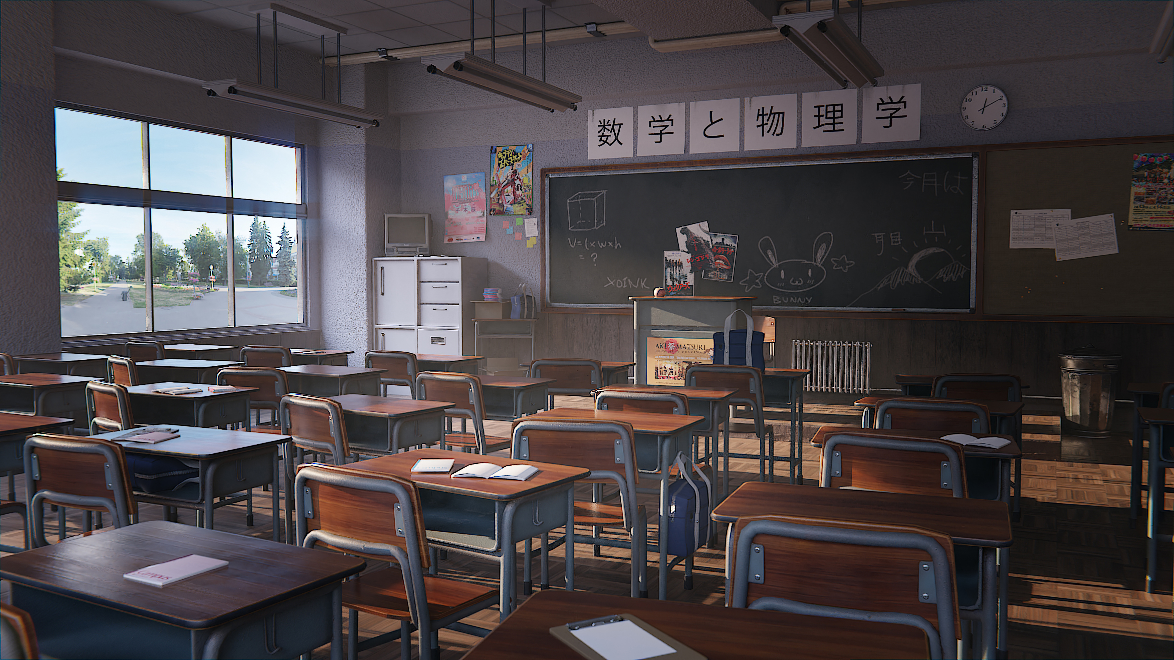 anime, classroom, school, table