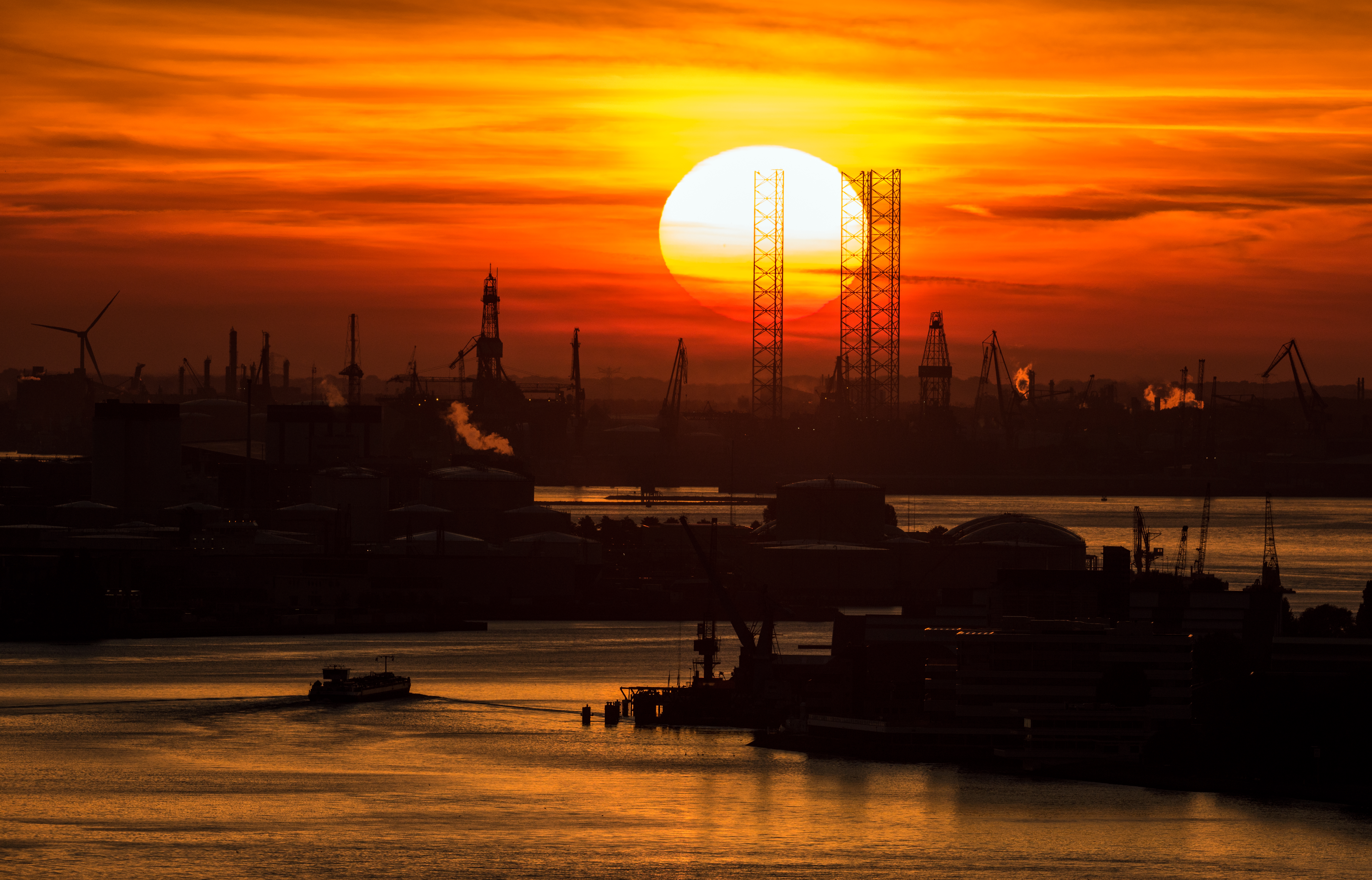 industrial, photography, sunset, crane, harbor, rotterdam, sun, wind turbine