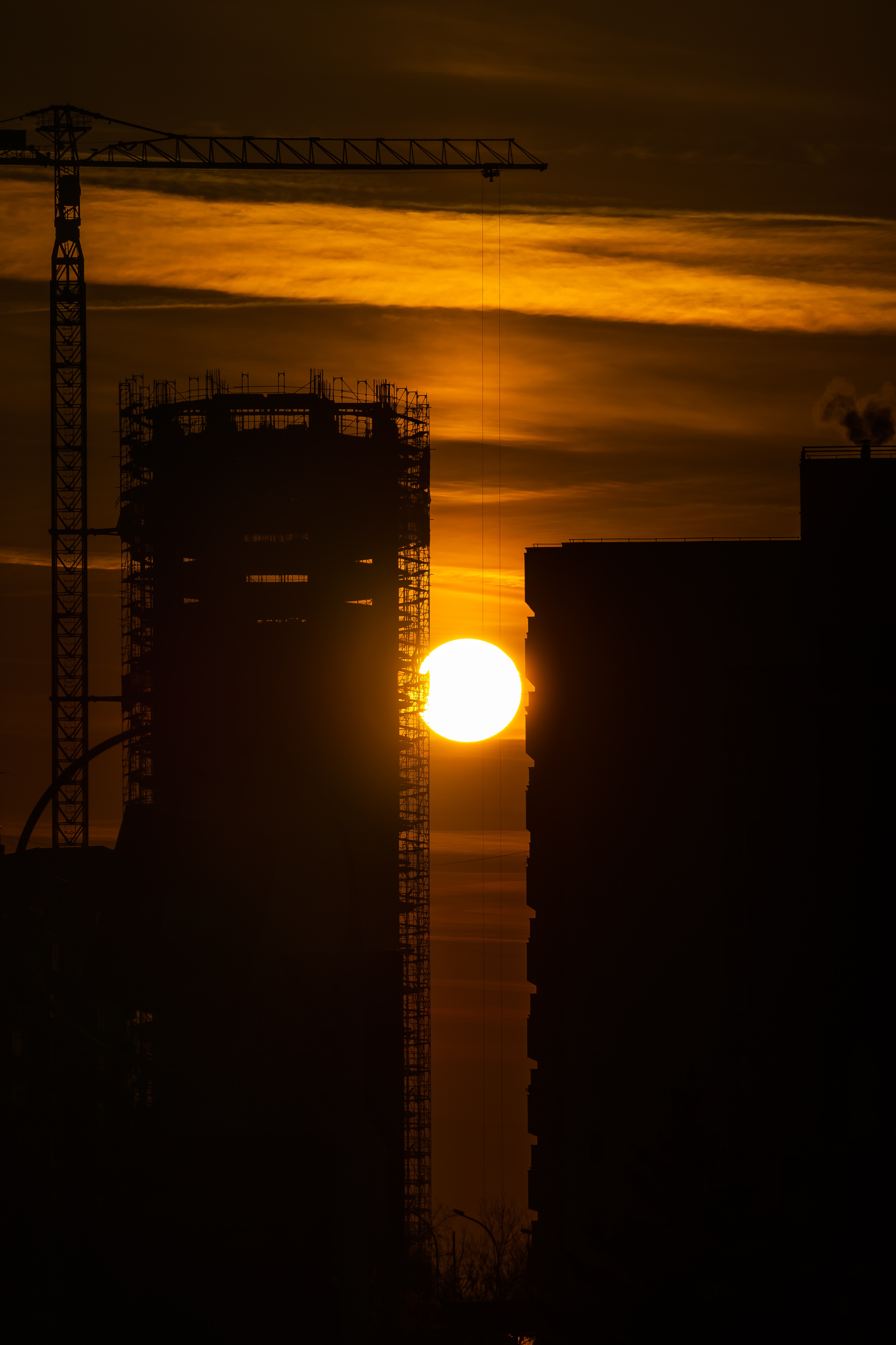 construction, building, crane, sunset, sun, dark, outlines, tap