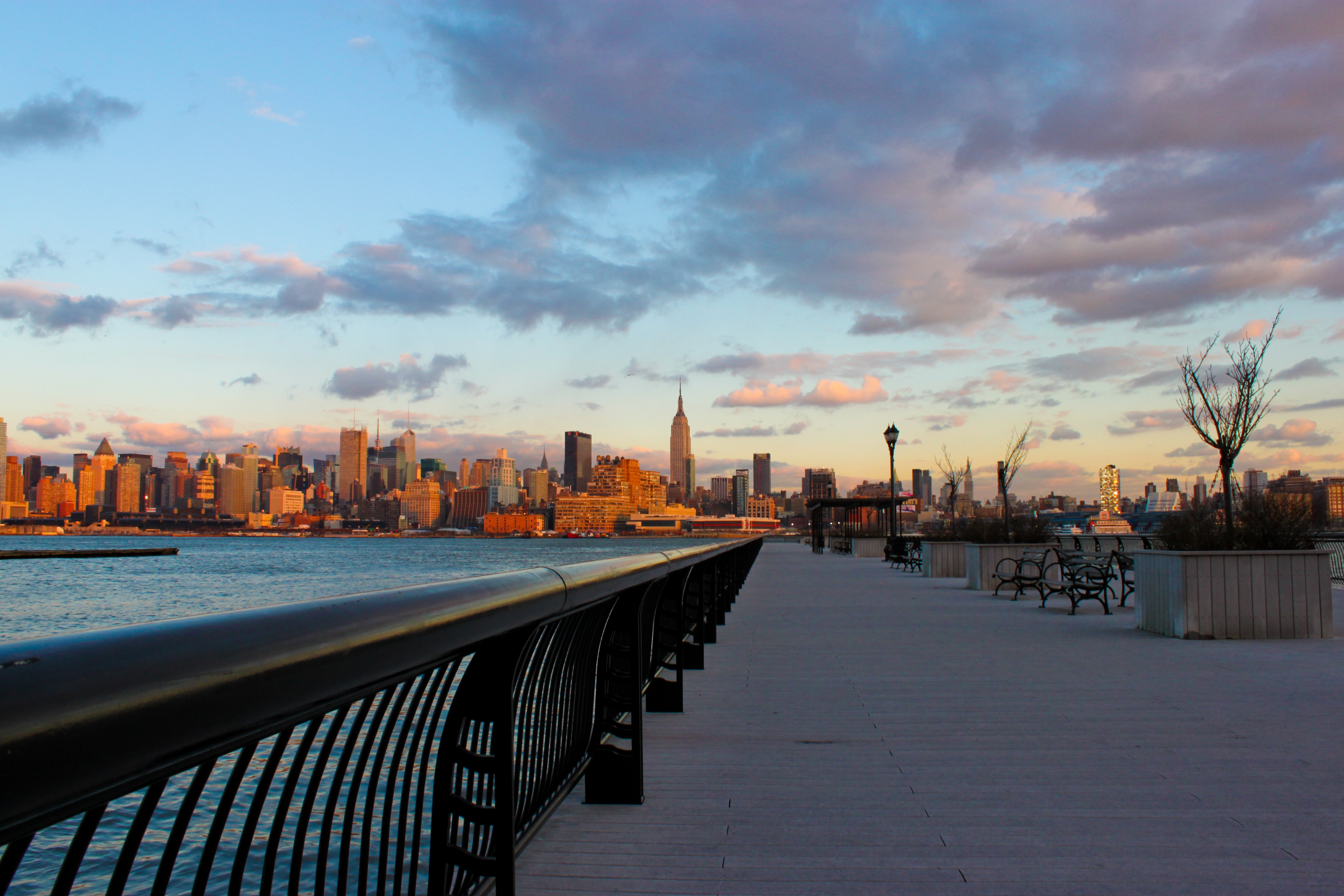 wallpapers cities, water, sunset, city, skyscrapers, evening, new york, embankment, quay, ny