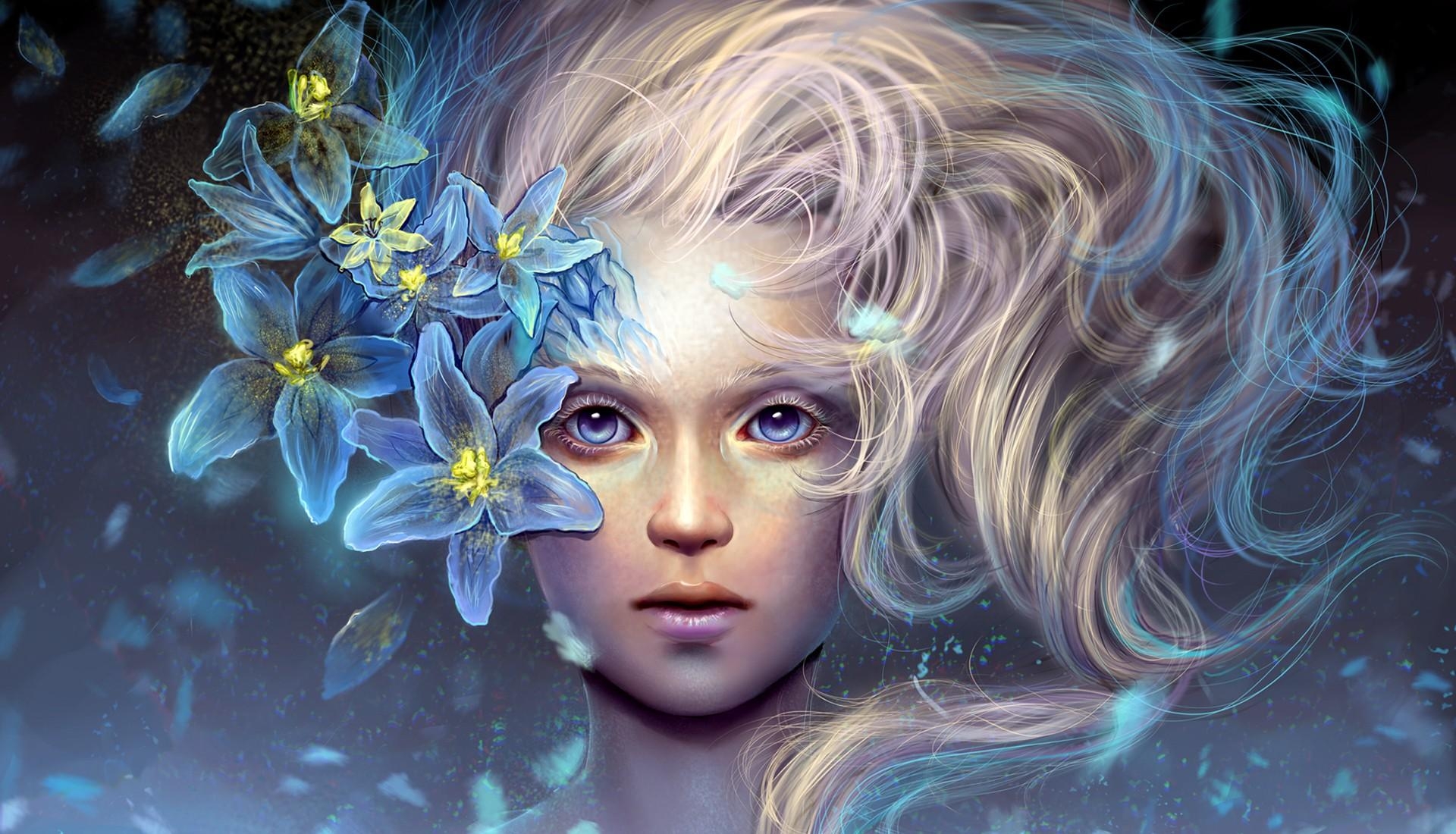 Laden Sie das Haar, Blumen, Gesicht, Mädchen, Fantasie-Bild kostenlos auf Ihren PC-Desktop herunter