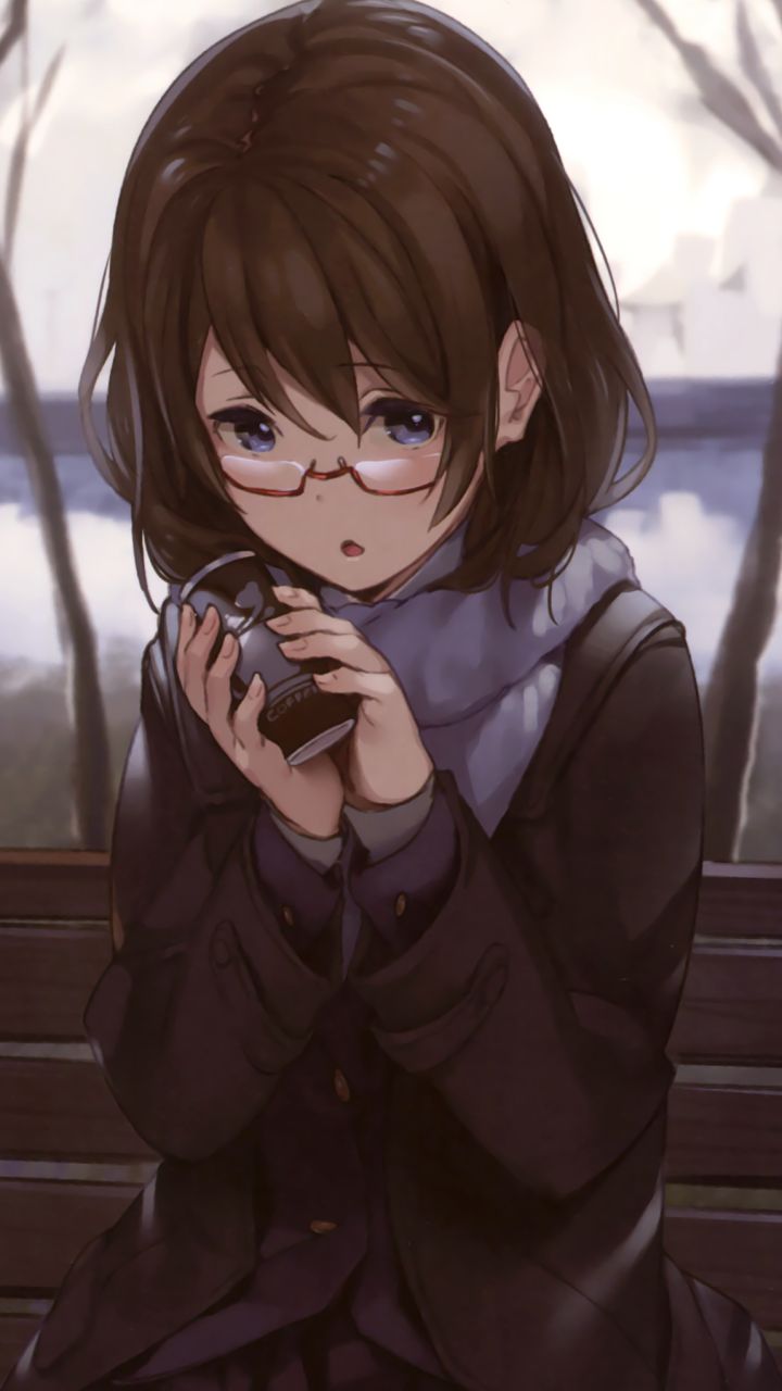 anime, original, glasses, scarf, blue eyes, can, coat, brown hair, blush, short hair