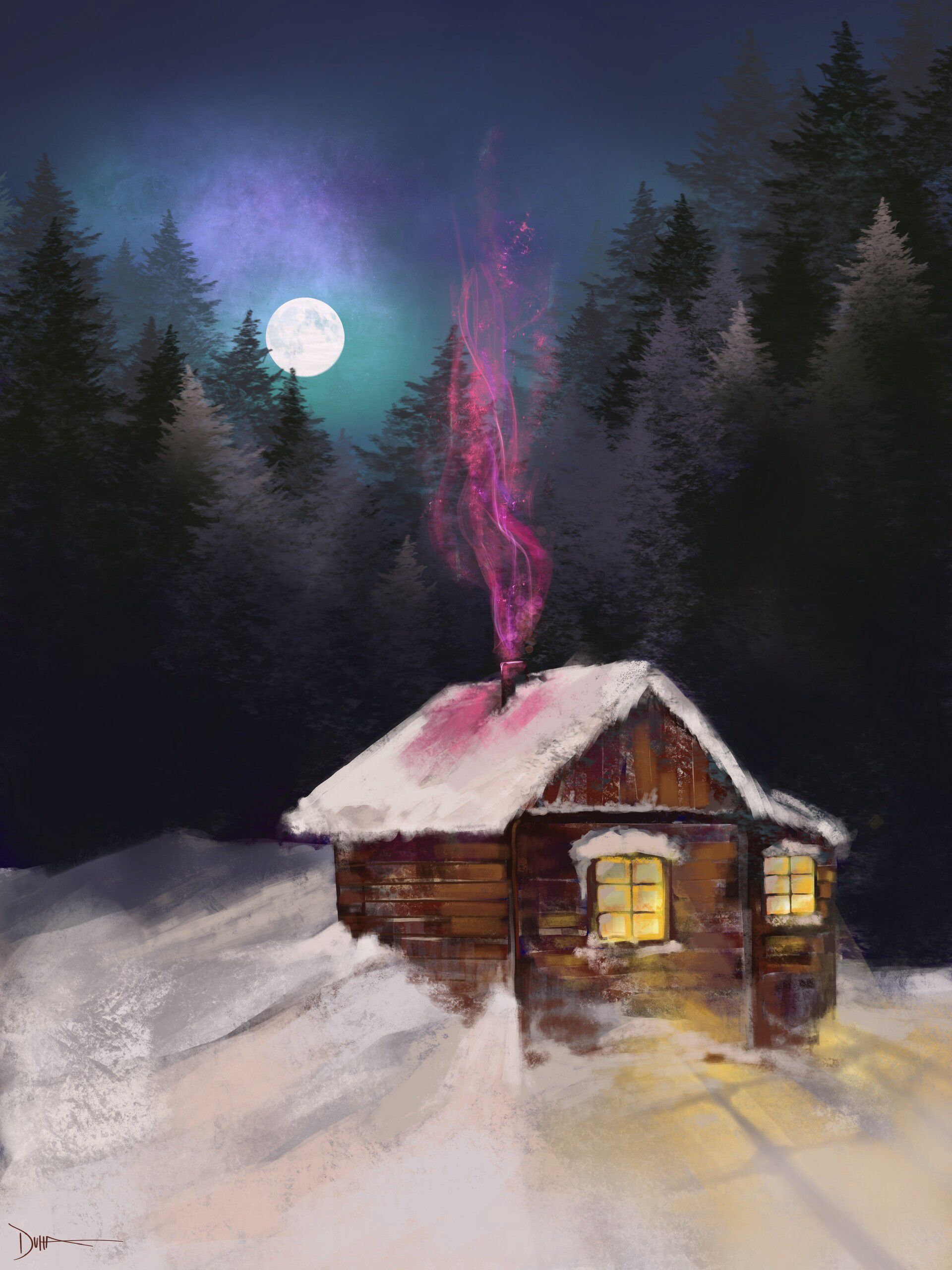 smoke, winter, art, night, snow, house Panoramic Wallpaper