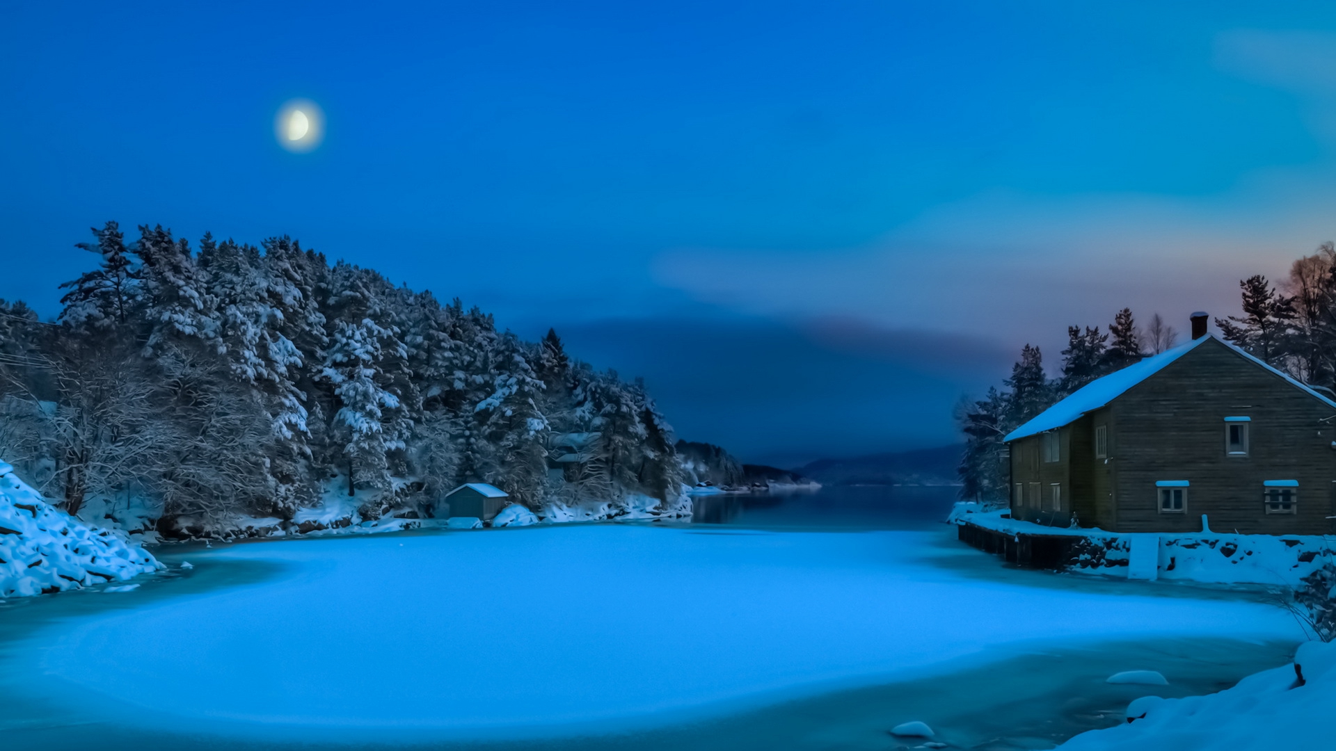 Download PC Wallpaper night, man made, house, bay, moon, norway, snow, tree, winter