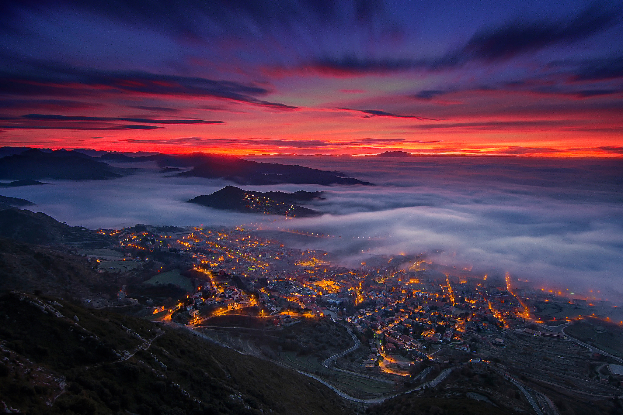 spain, photography, landscape, berga, catalonia, cloud, fog, horizon, night, sky, valley