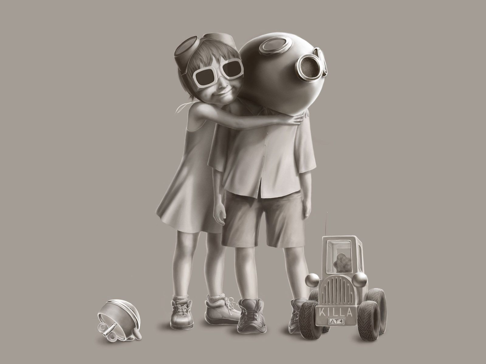 machine, love, children, picture, car, mask, toys, couple, pair, drawing, embrace