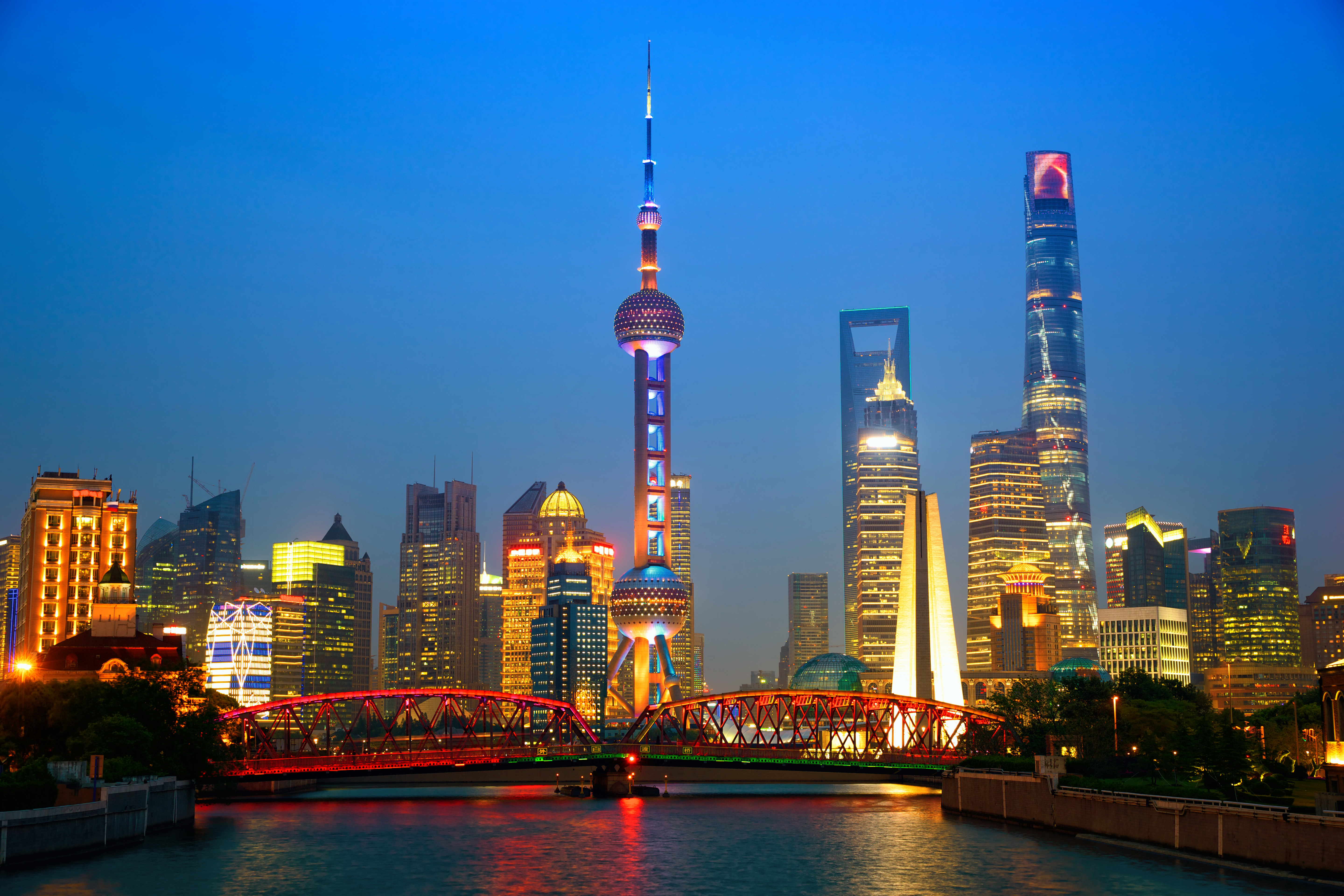 night, man made, shanghai, bridge, building, china, light, oriental pearl tower, river, skyscraper, cities
