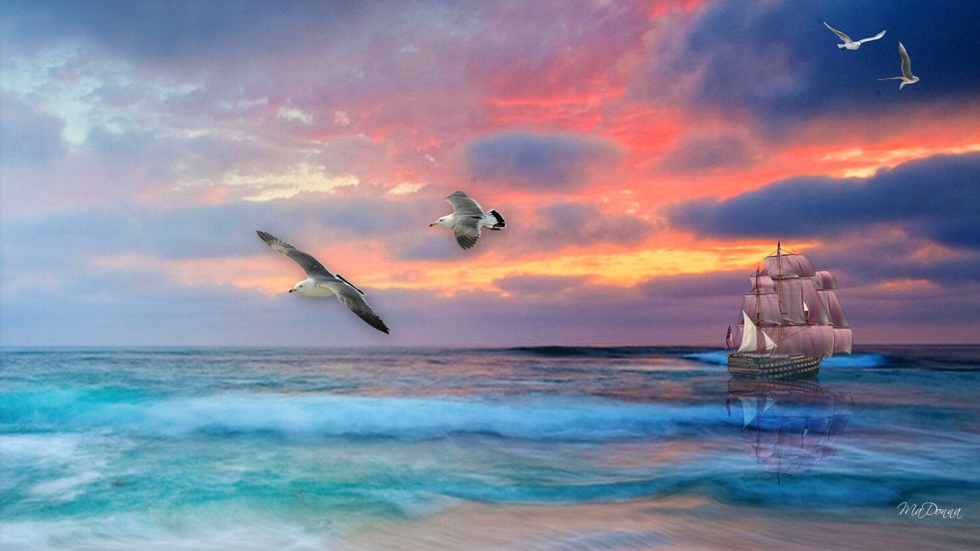 1503736 Hintergrundbild herunterladen künstlerisch, segelboot, vogel, ozean, segeln, meer, möwe, sonnenuntergang - Bildschirmschoner und Bilder kostenlos