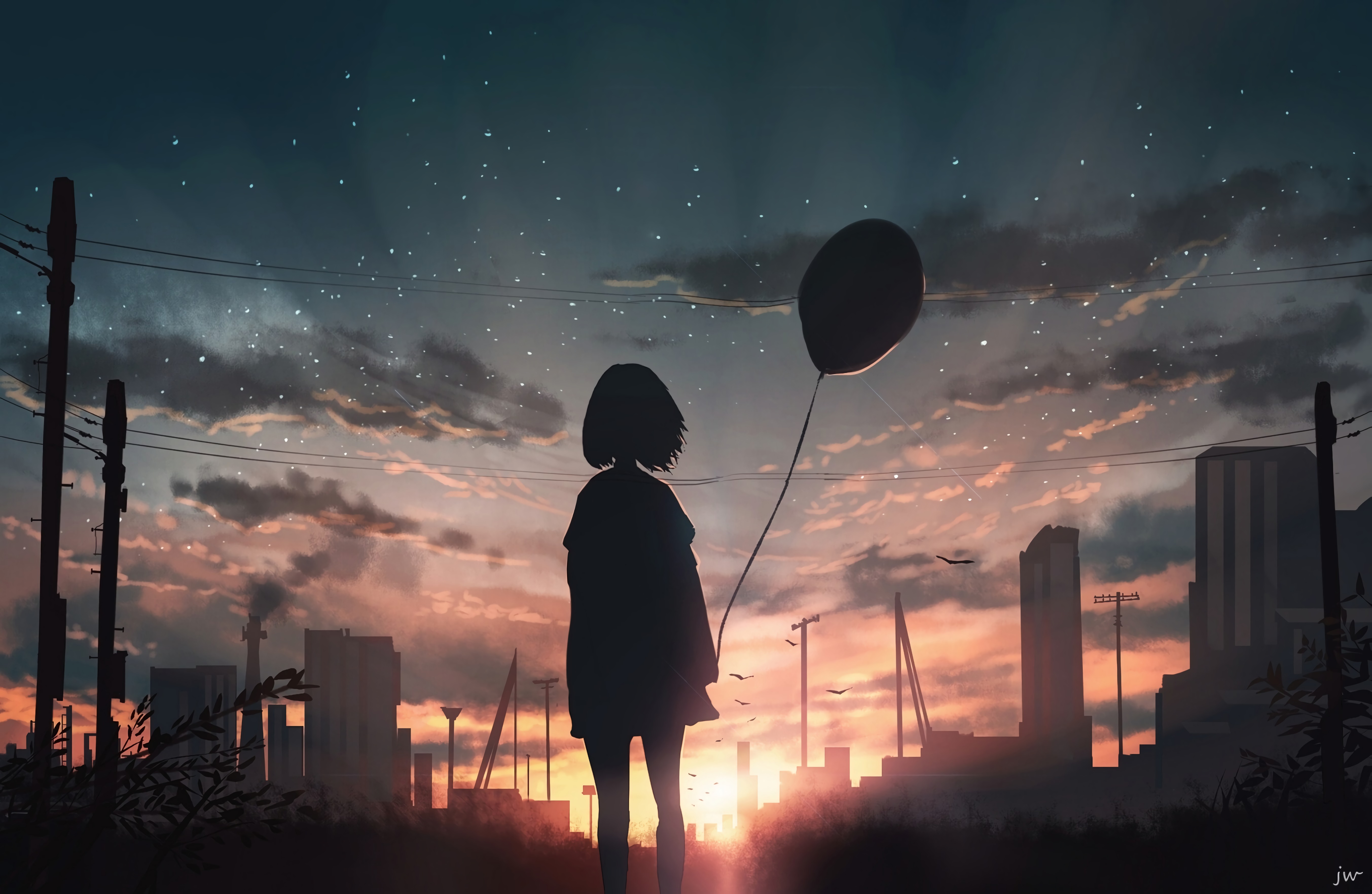 girl, art, silhouette, sunset, starry sky, balloon mobile wallpaper