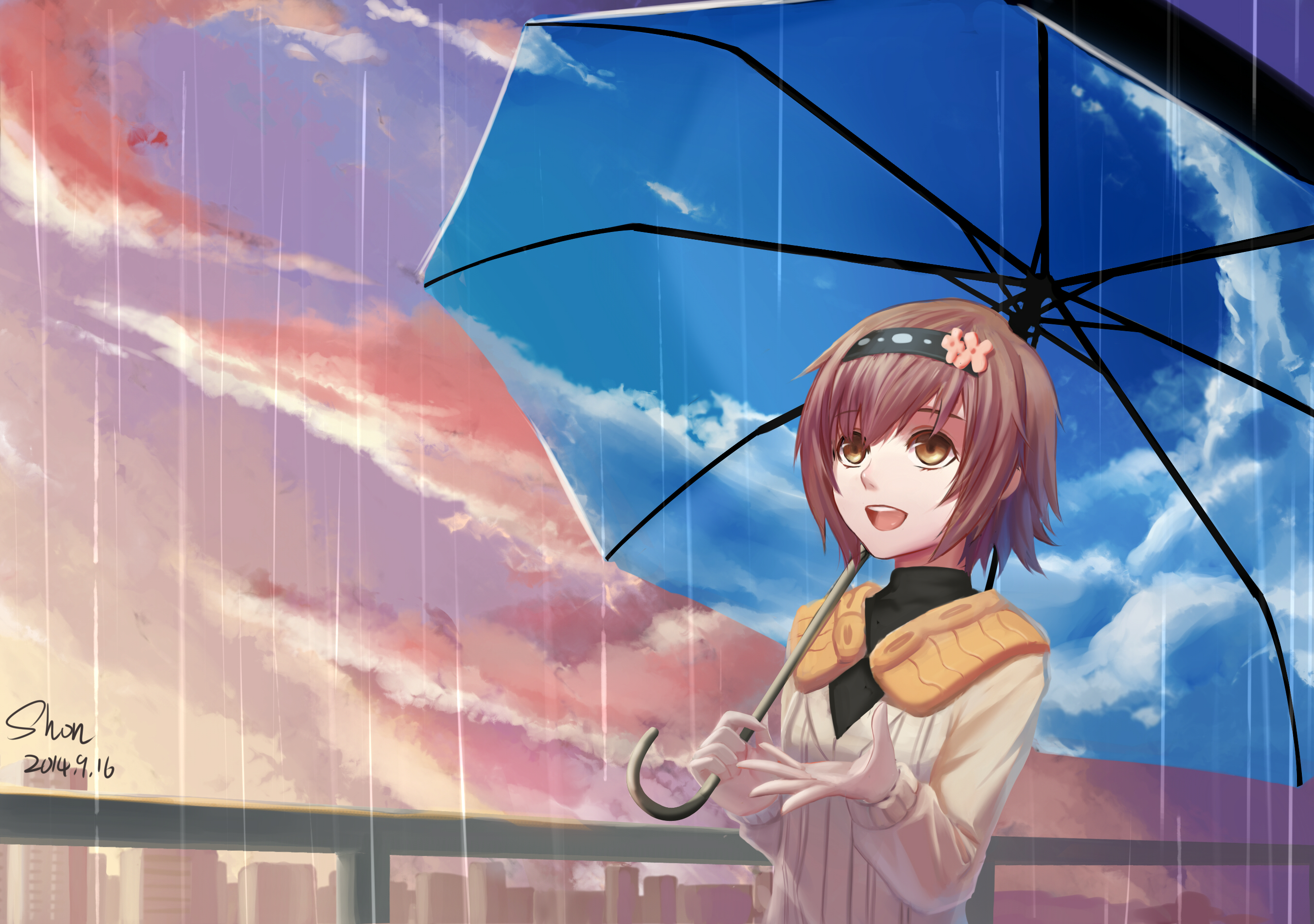 umbrella, anime, tokyo ghoul, brown eyes, brown hair, headband, hinami fueguchi, rain, short hair, smile, sunset, sweater