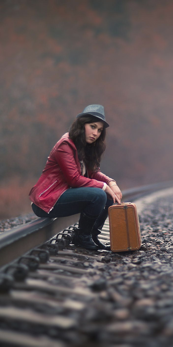 Download mobile wallpaper Hat, Model, Women, Railroad, Suitcase for free.