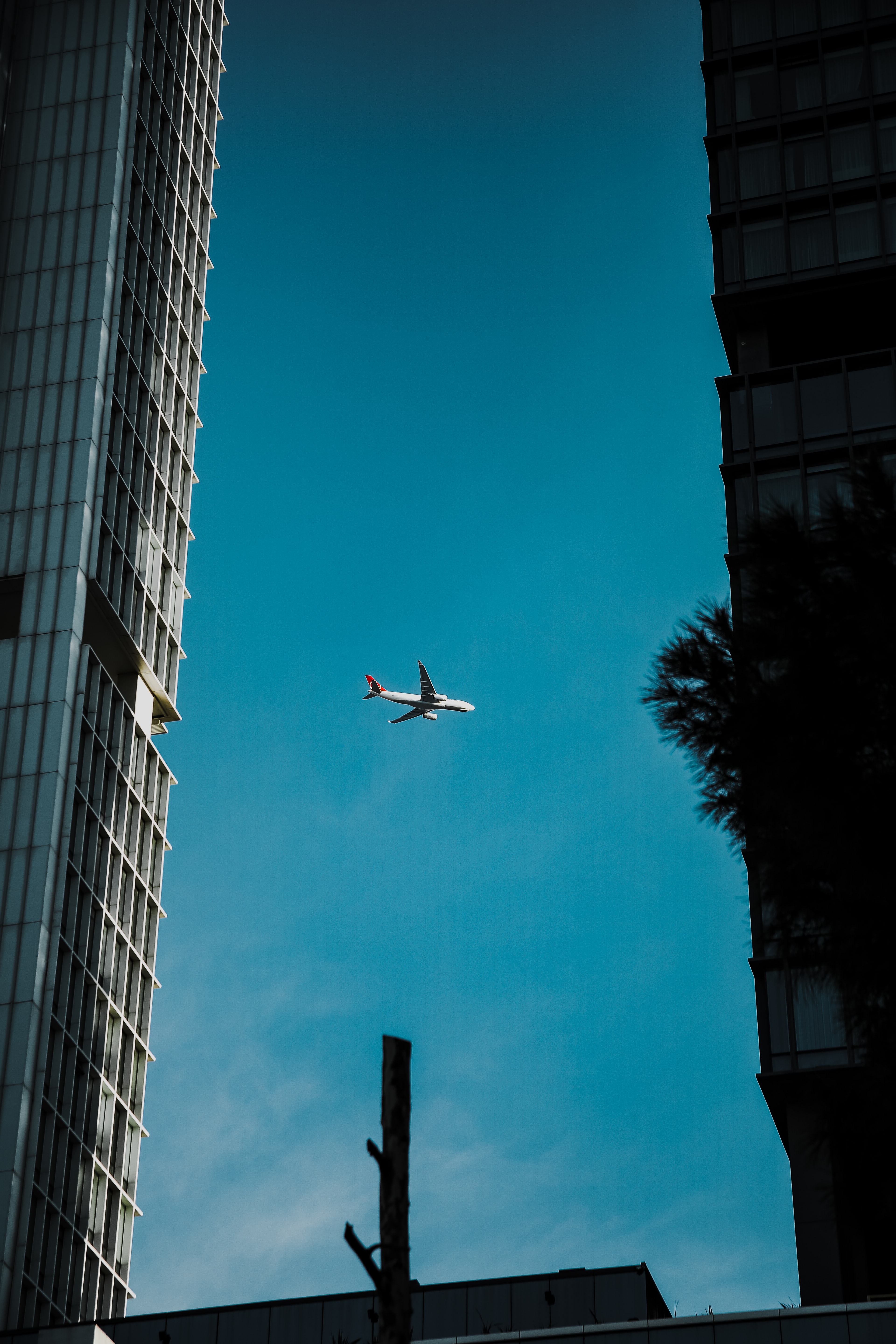 plane, bottom view, sky, architecture, building, miscellanea, miscellaneous, airplane Phone Background
