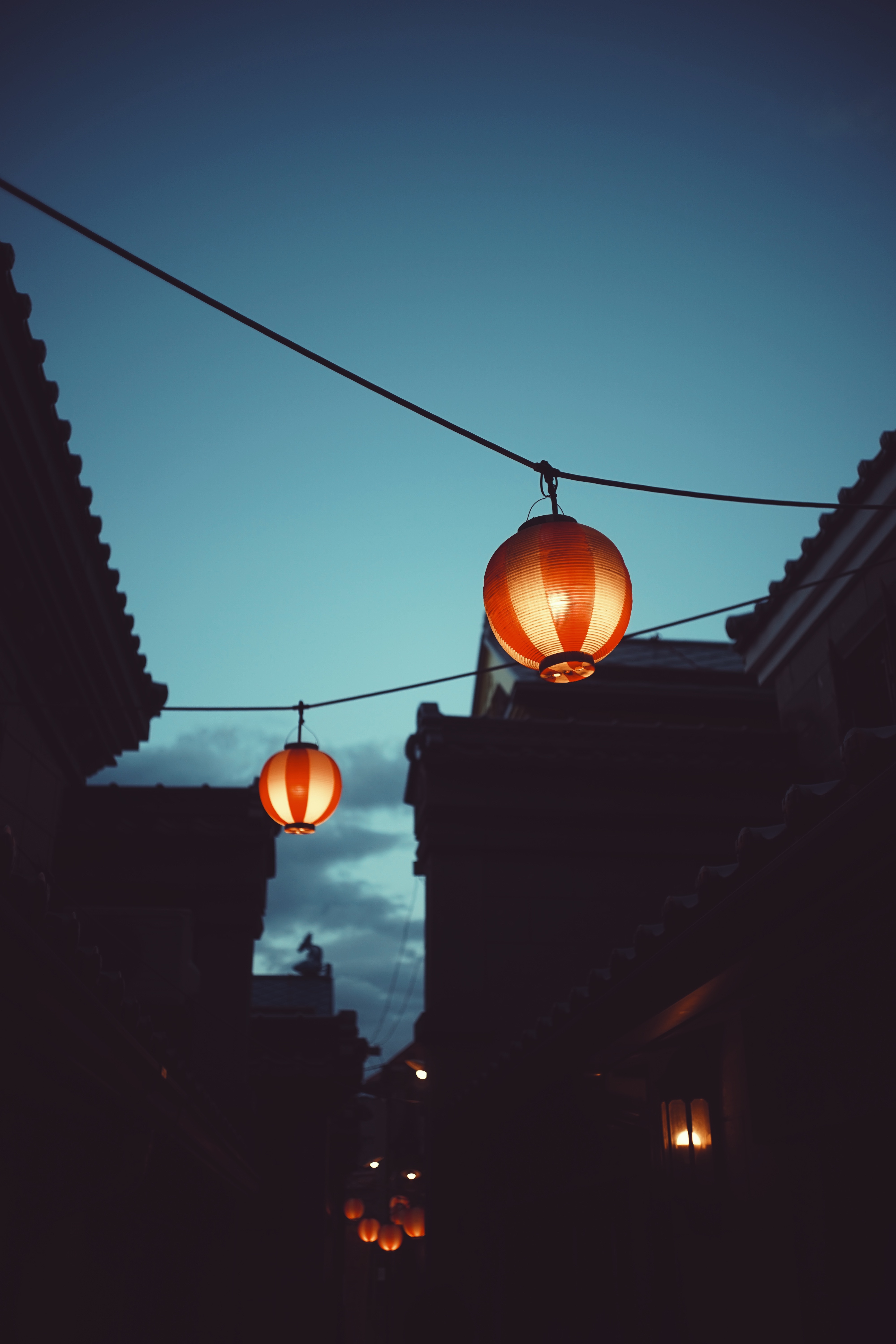 dark, sky, night, building, chinese lanterns