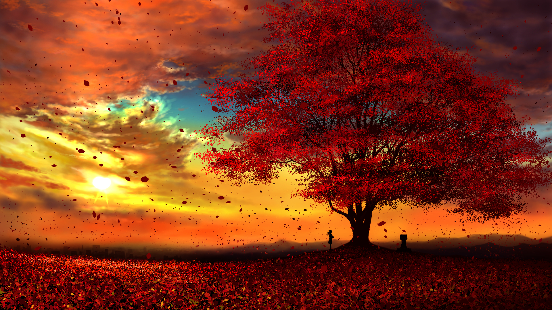 sun, peace, anime, original, cloud, fall, leaf, tree