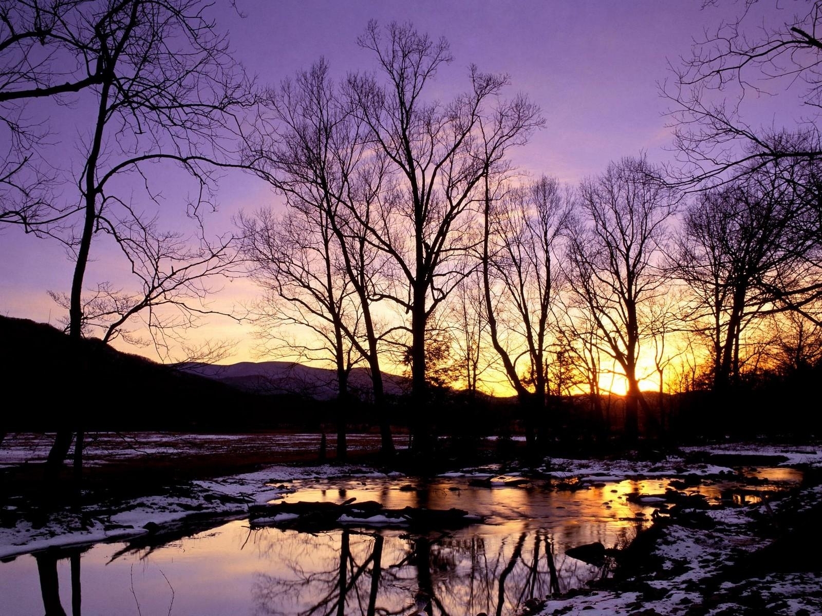 PCデスクトップに風景, 冬, 水, 川, 木, 日没画像を無料でダウンロード