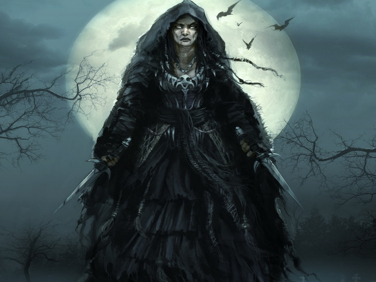 night, witch, dark, knife, moon