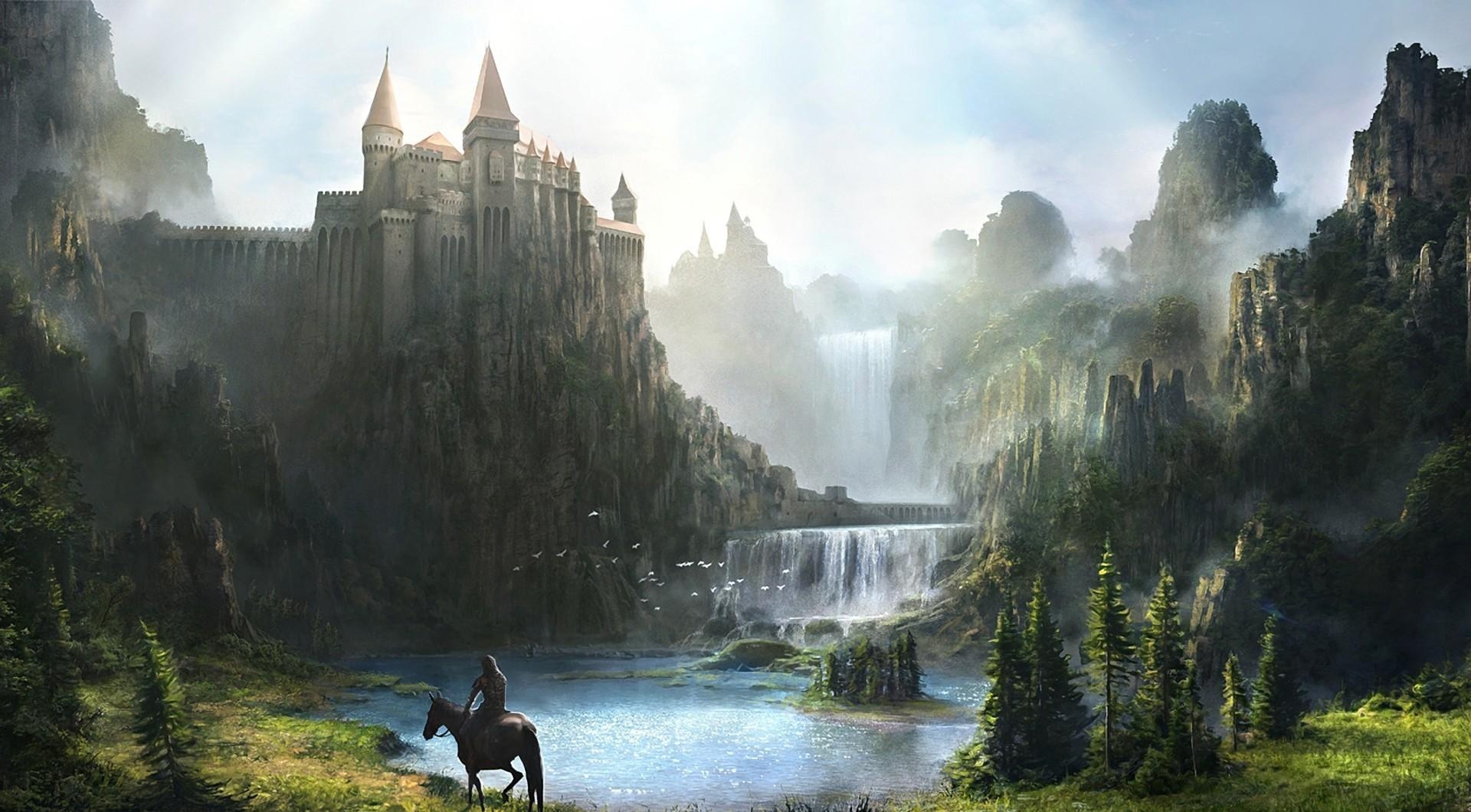 fantasy, waterfall, mountains, lock, greens, rider, horseman