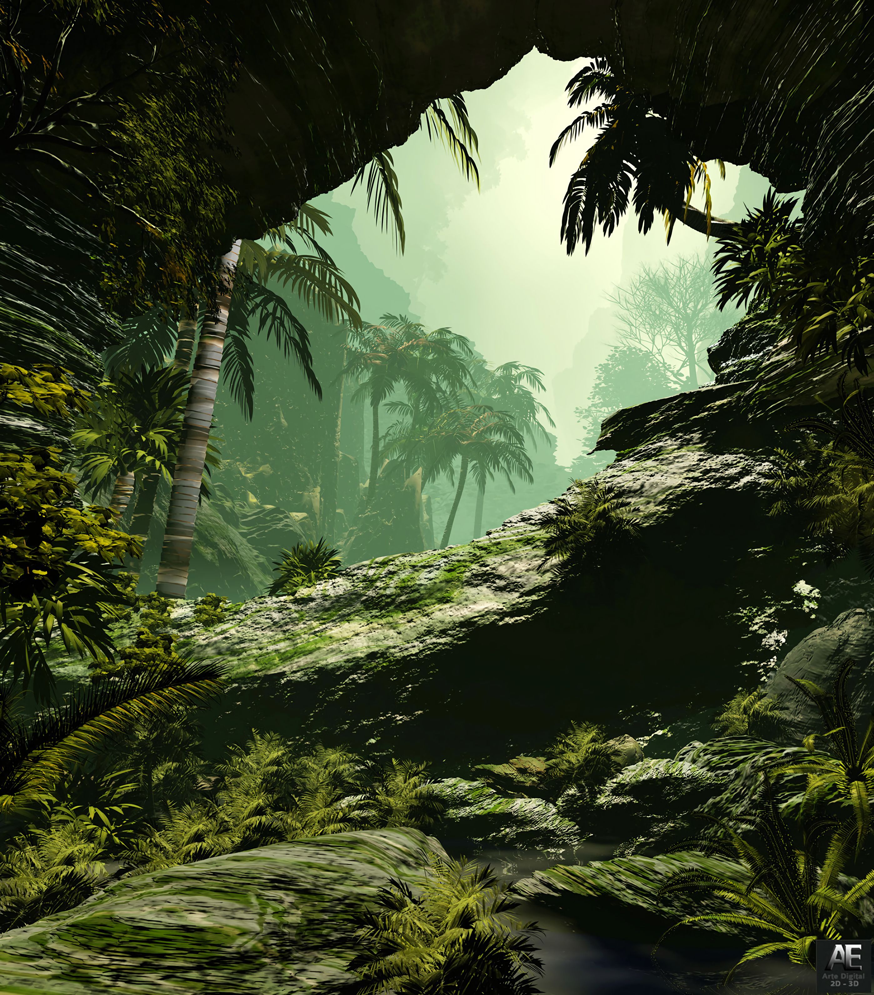jungle, art, palms, vegetation