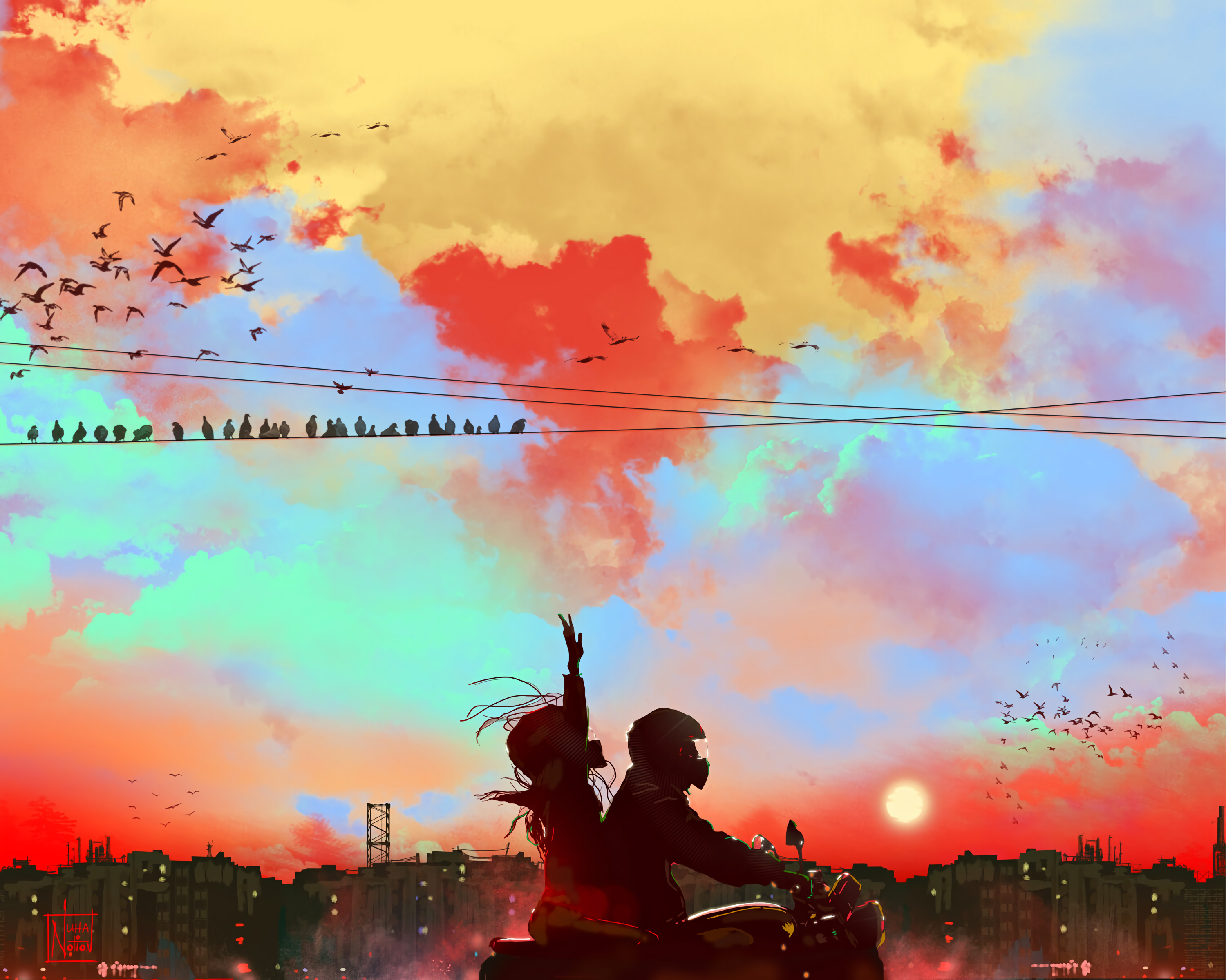 couple, motorcyclist, art, motorcycle, pair, sunset HD wallpaper
