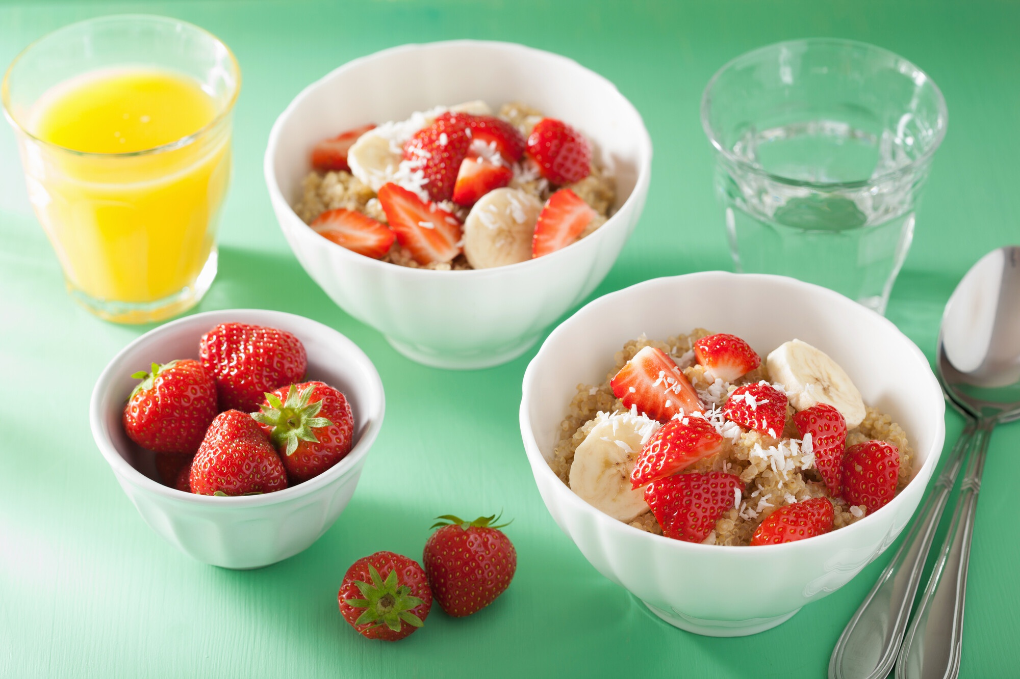 food, breakfast, banana, juice, oatmeal, strawberry 4K Ultra