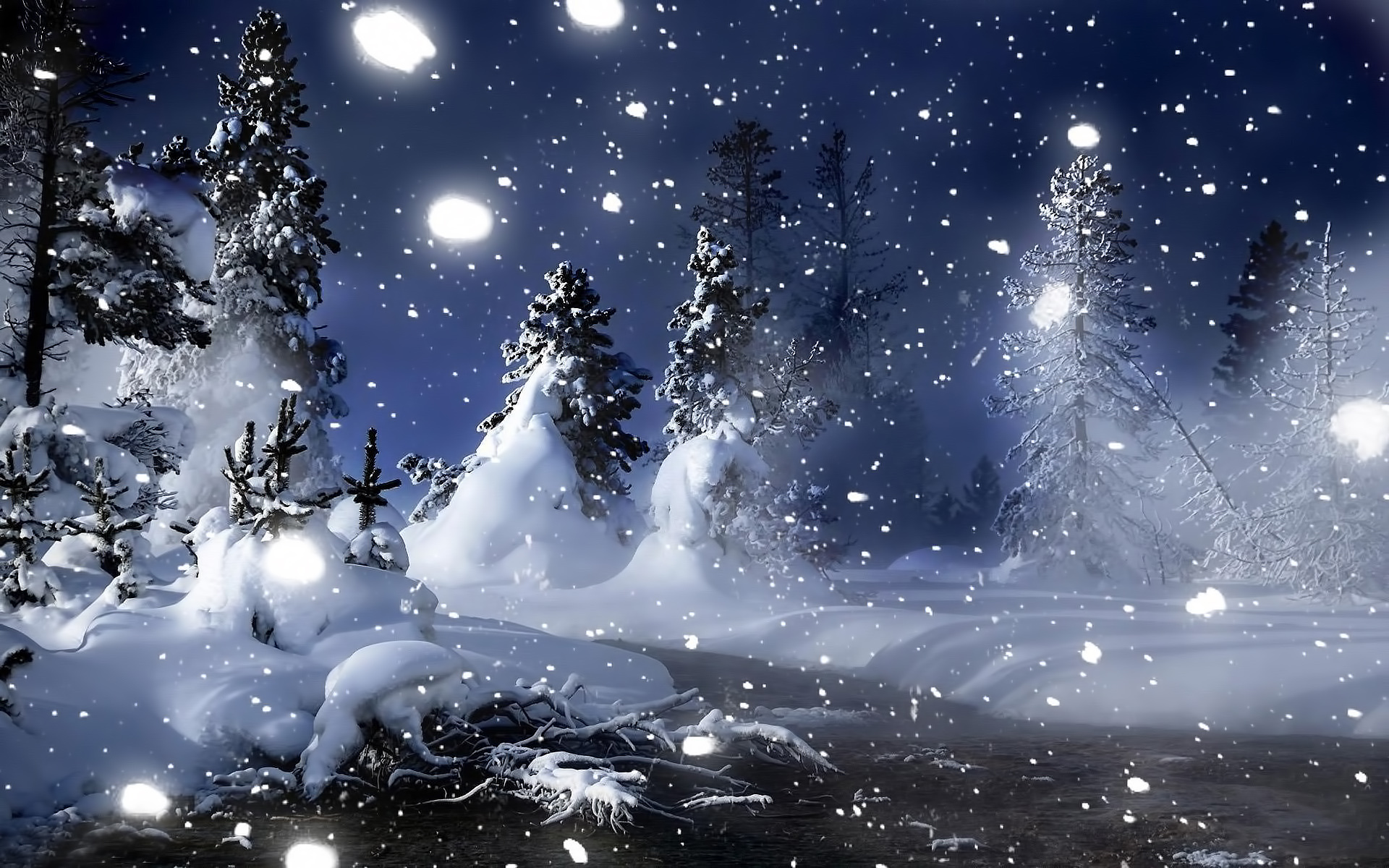 Download mobile wallpaper Snow, Landscape, Trees, Night for free.