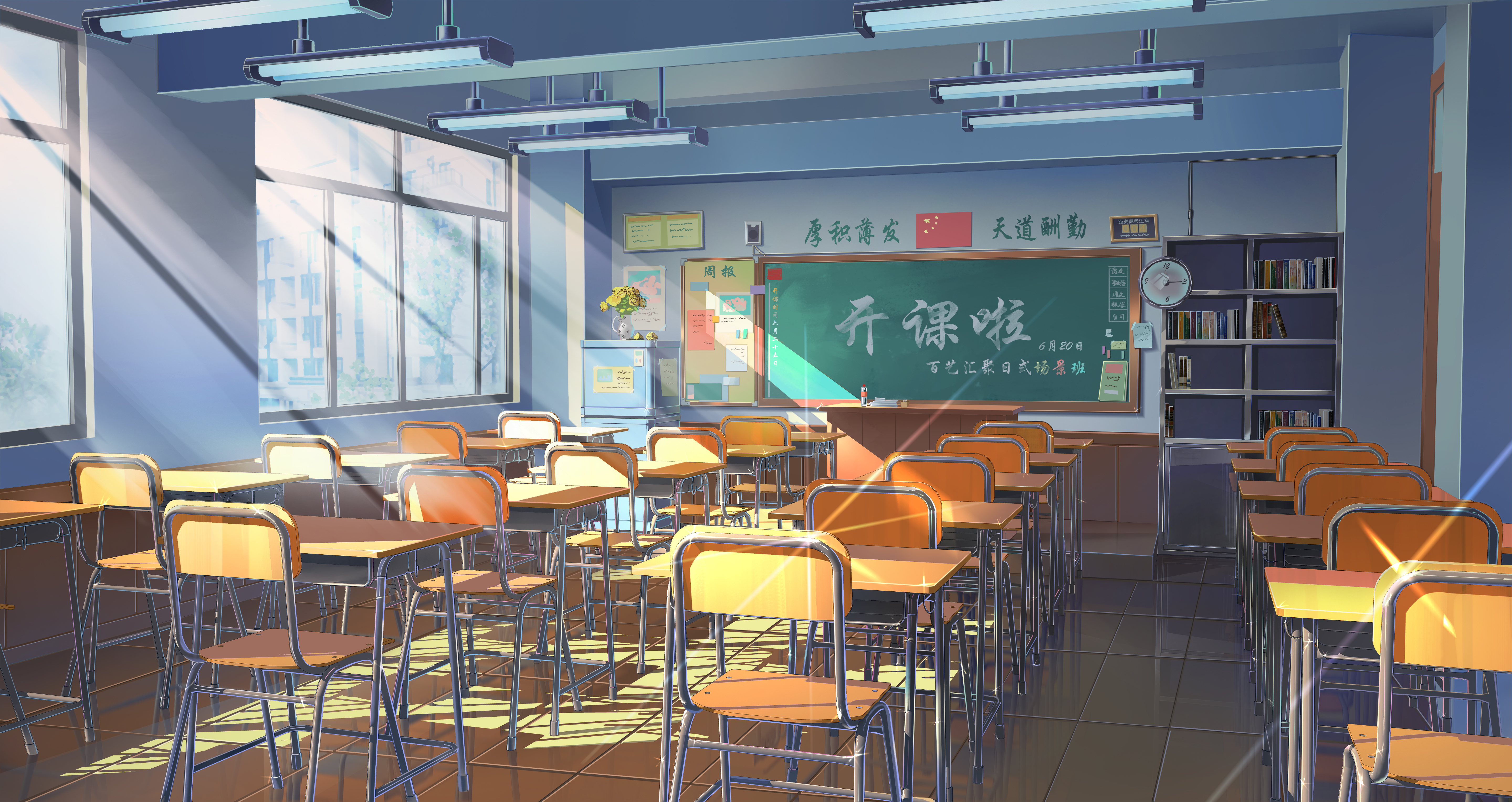 room, anime, chair, classroom, clock