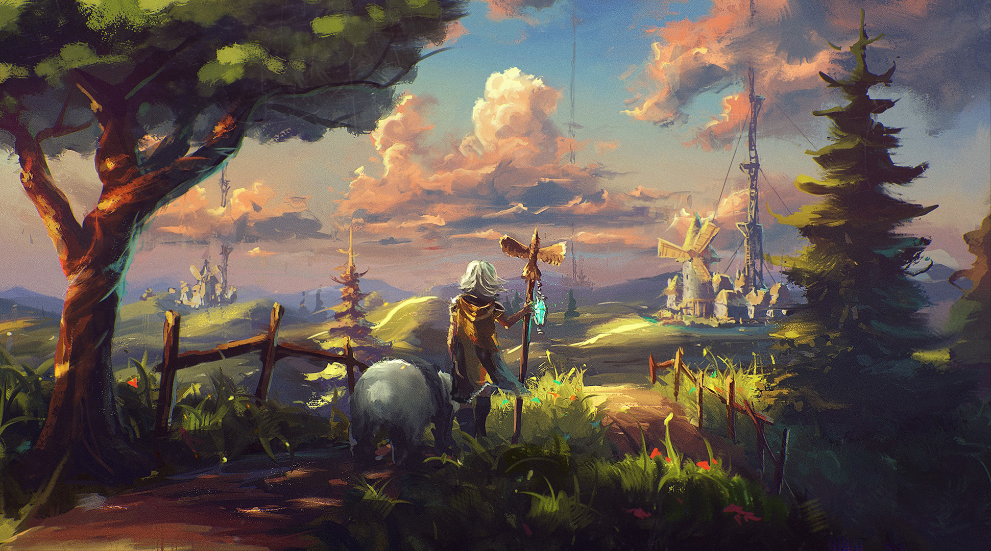 fantasy, landscape, cloud, mill, panda, sky, tree, village cell phone wallpapers
