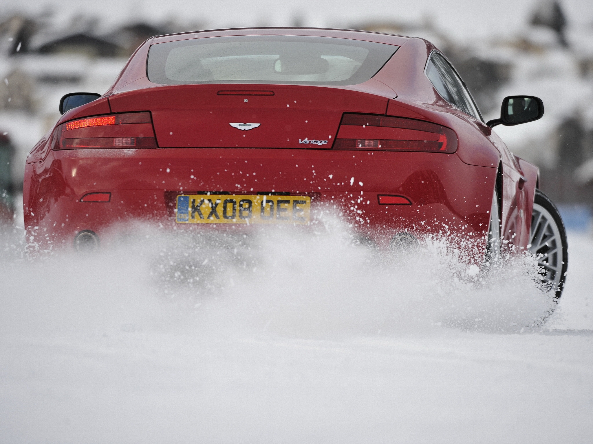 snow, aston martin, cars, red, back view, rear view, style, 2008, v8, drift