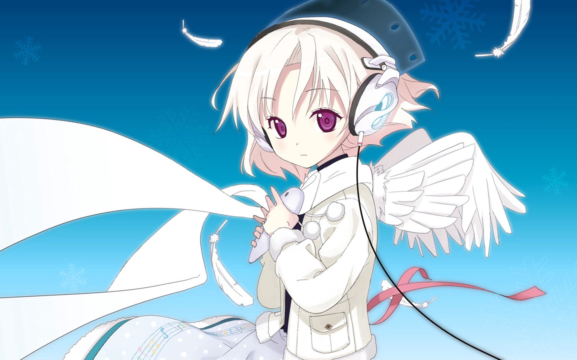 Download mobile wallpaper Wings, Pen, Angel, Feather, Girl, Headphones, Anime for free.