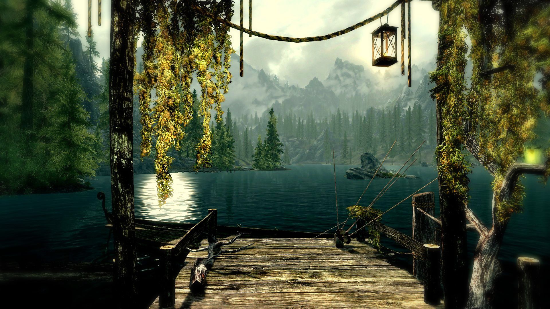 tree, video game, the elder scrolls v: skyrim, dock, fantasy, lake, skyrim, the elder scrolls 8K