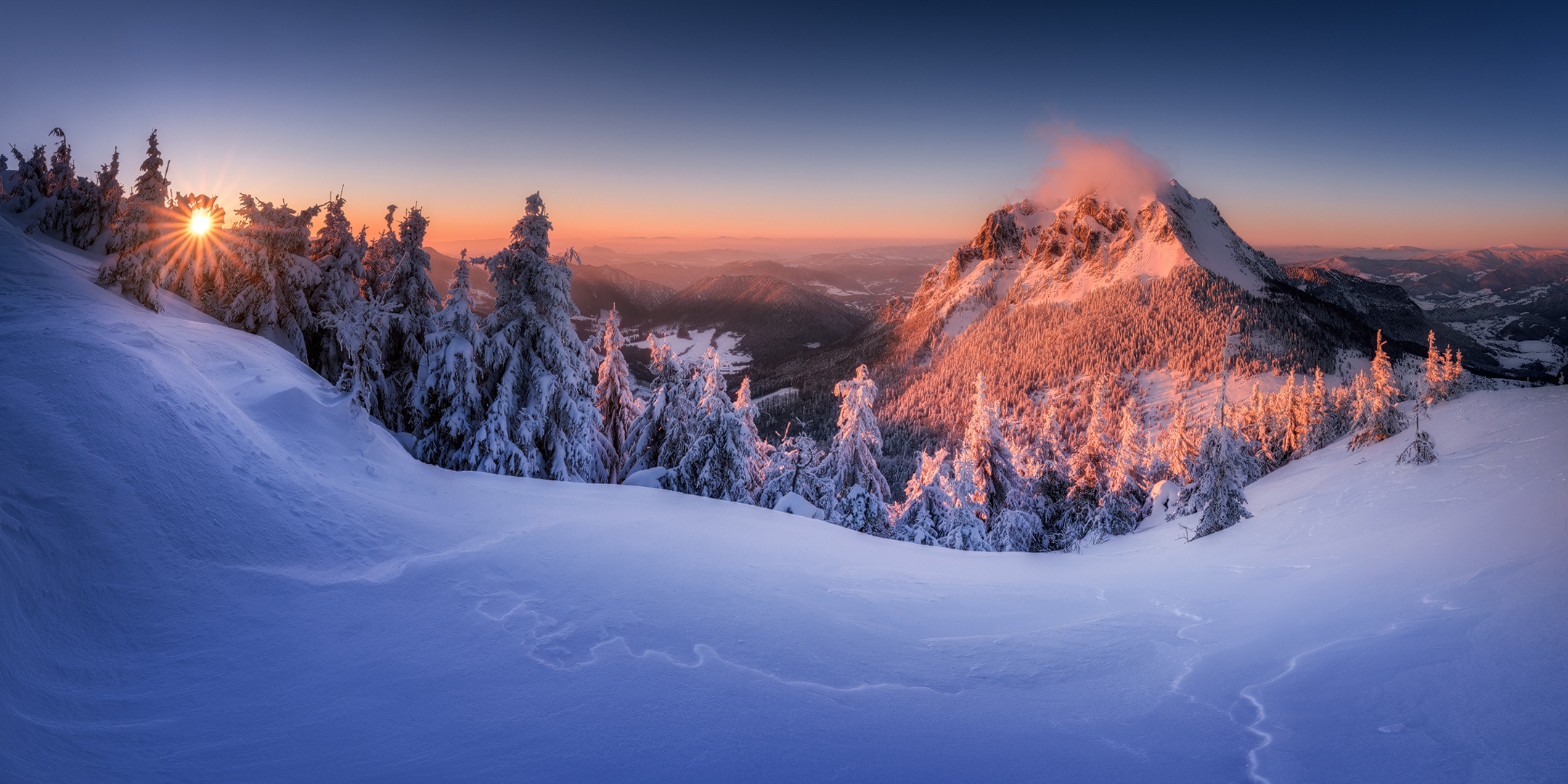 1014909 скачать обои зима, земля/природа, гора, словакия, снег, закат - заставки и картинки бесплатно