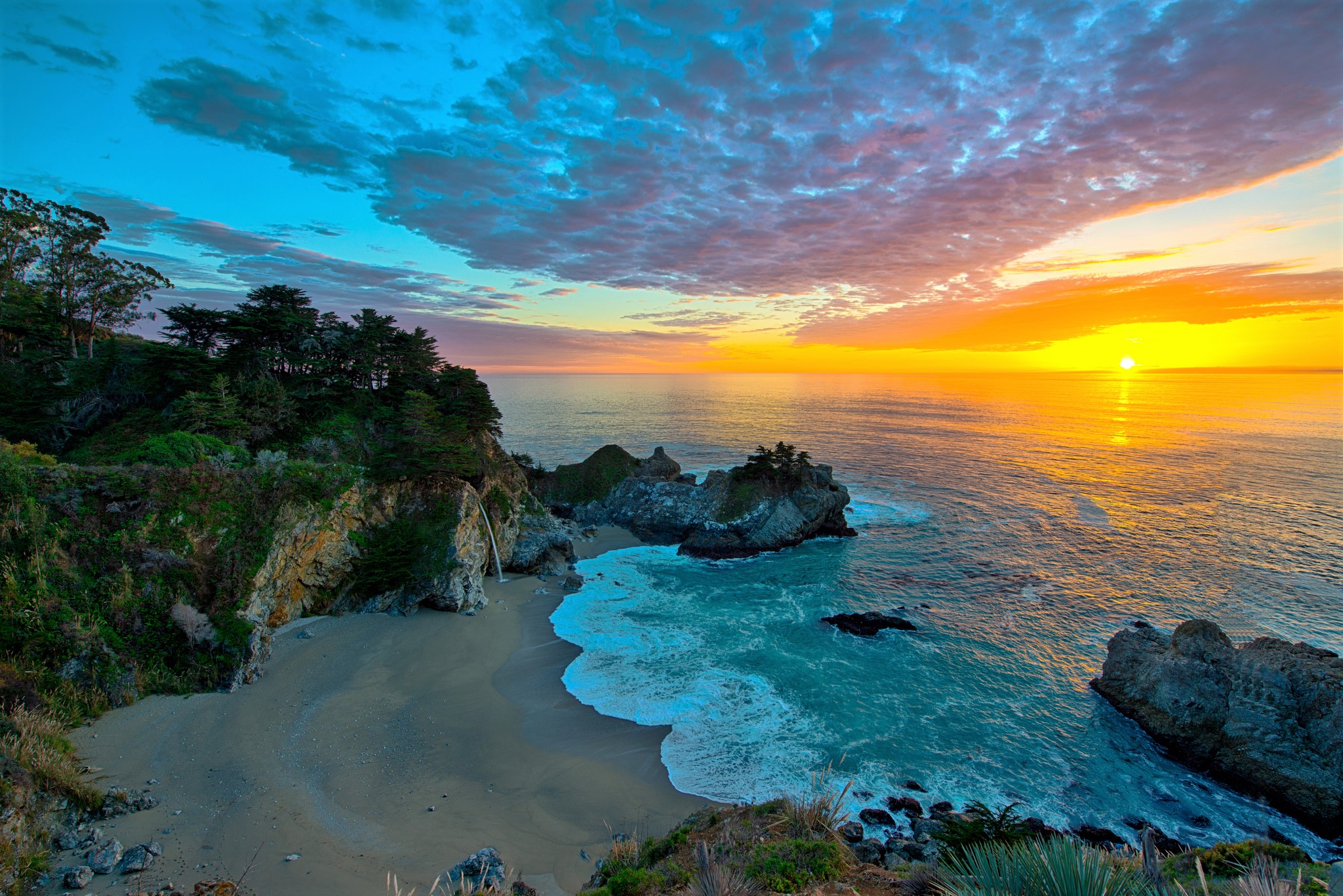 california, horizon, sea, earth, big sur, mcway falls, ocean, sunset