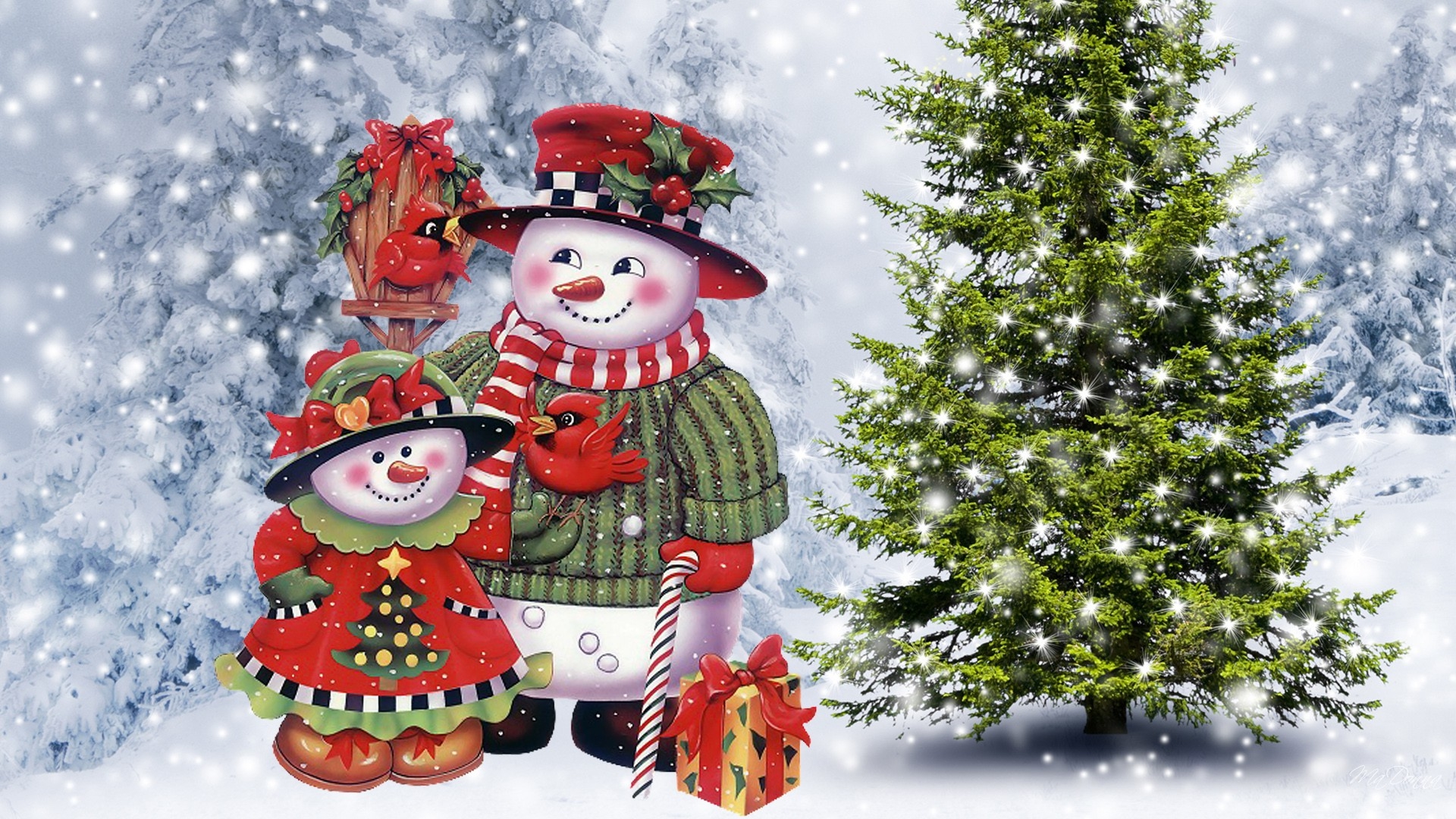 Téléchargez des papiers peints mobile Noël, Oiseau, Arbre, Vacances, Cadeau, Bonhomme De Neige, Neiger gratuitement.