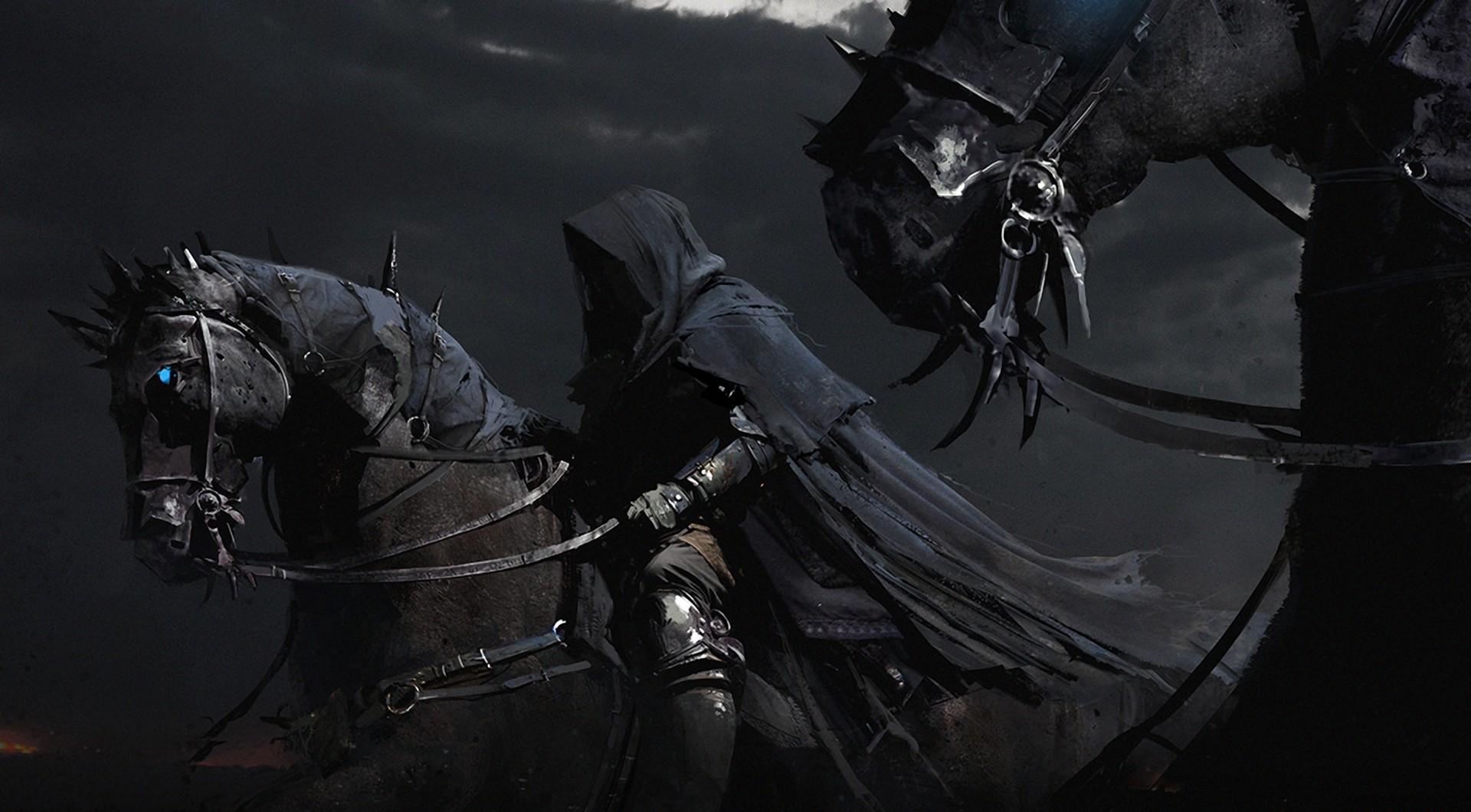 horses, cape, fantasy, night, black riders desktop HD wallpaper