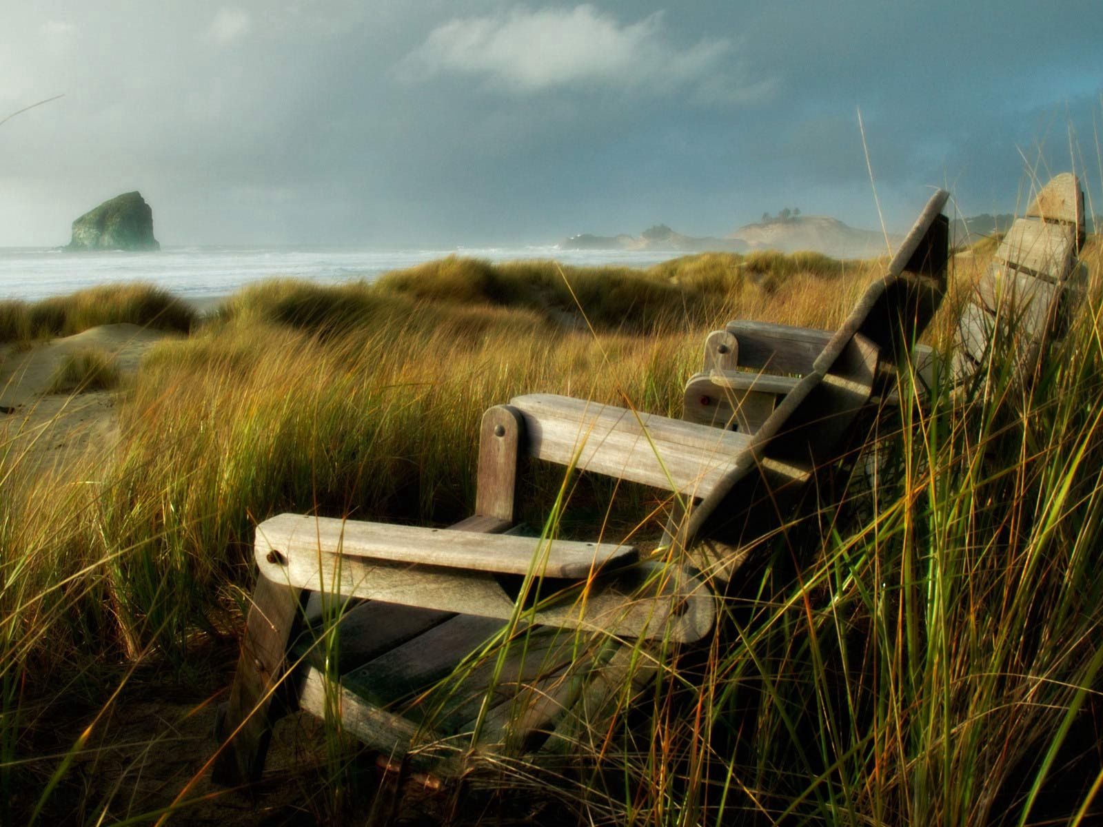 nature, grass, sea, storm, chairs, wind