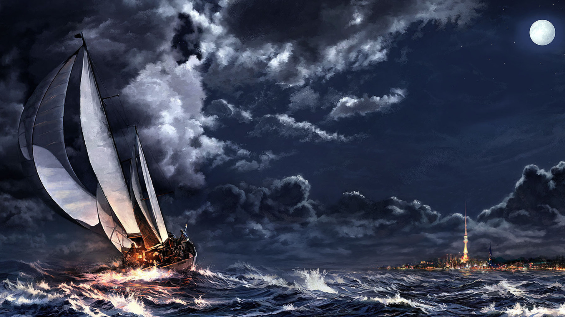 Море ночь шторм корабль