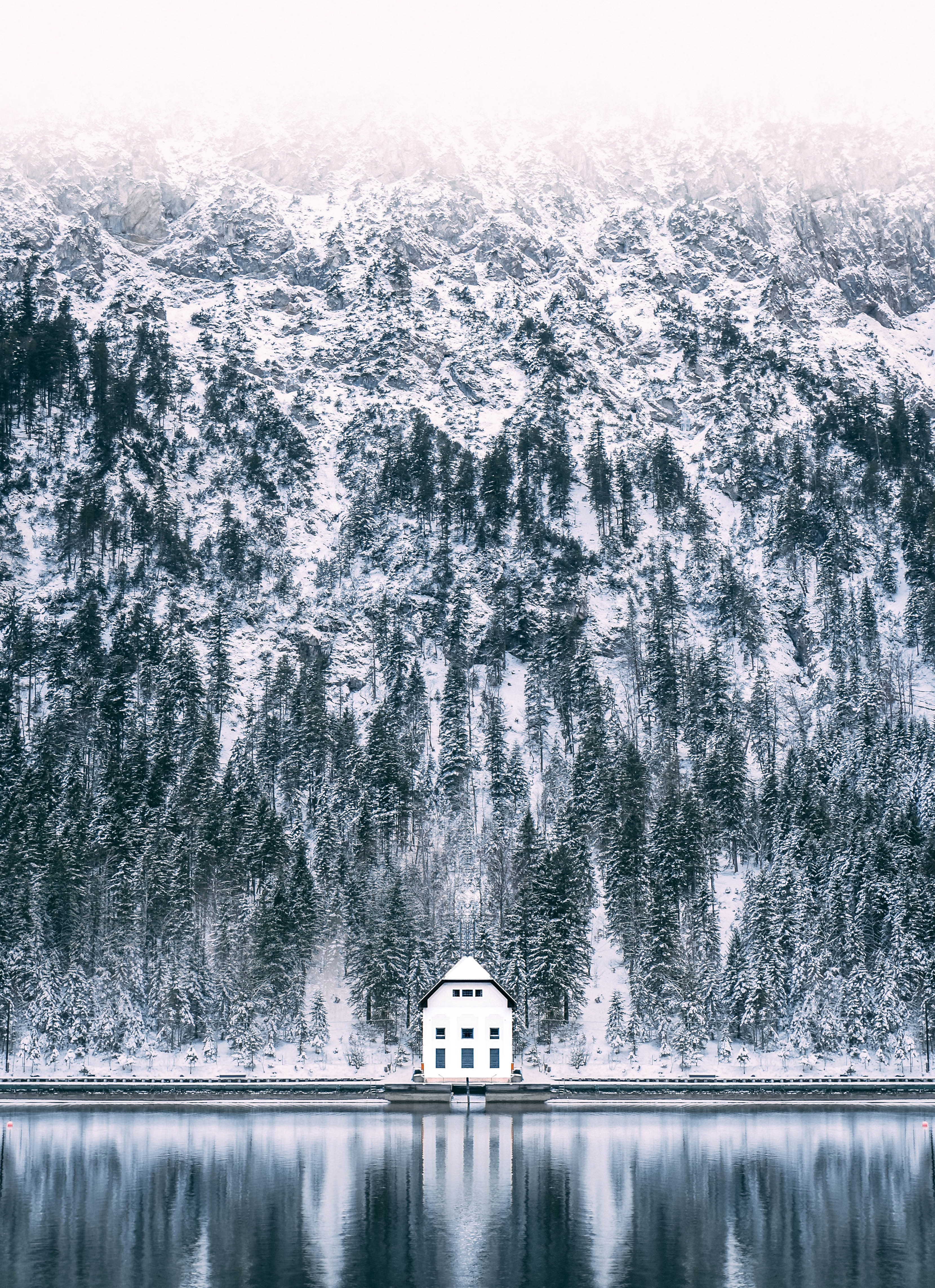 Download mobile wallpaper Lake, Snow, Forest, House, Nature for free.