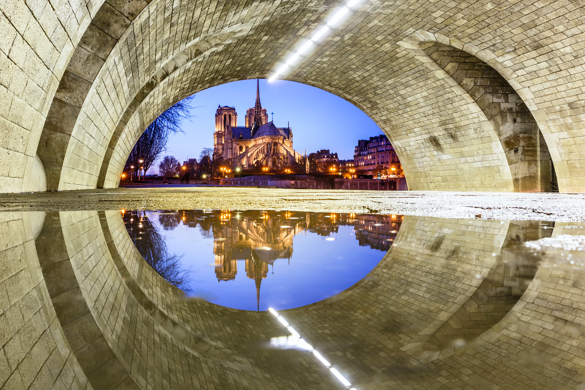 religious, notre dame de paris, cathedral, france, night, paris, reflection, tunnel, water, cathedrals