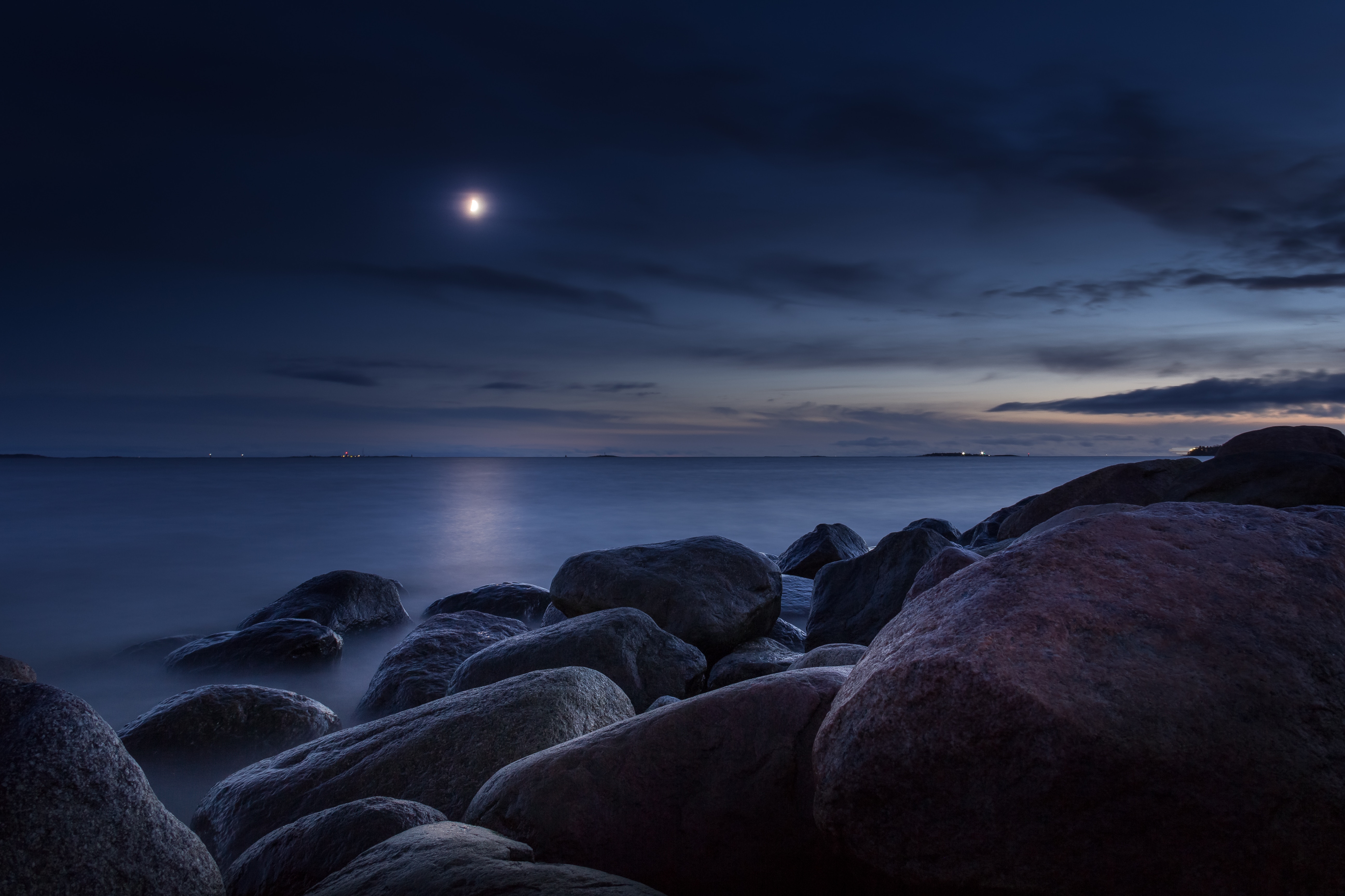 Download mobile wallpaper Night, Stones, Sea, Light, Nature, Shine, Moon for free.