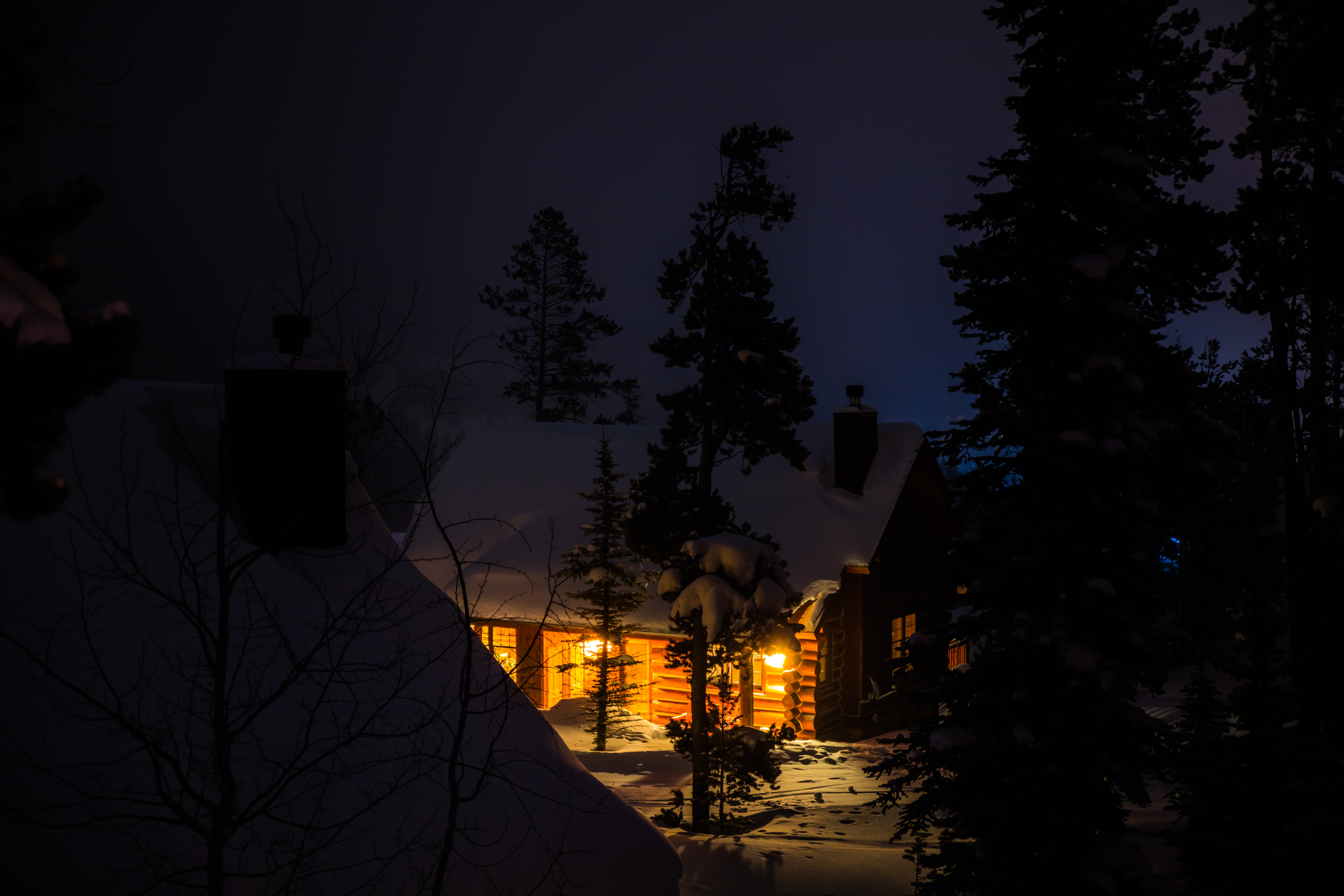 Download mobile wallpaper Winter, Forest, Lodge, Nature, Trees, Snow, Night, Small House for free.