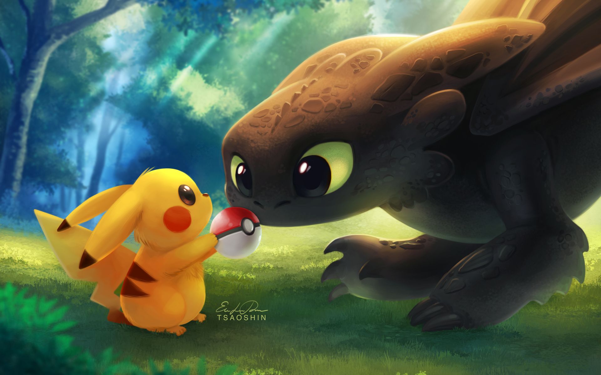how to train your dragon, cute, movie, crossover, pikachu, pokeball, pokémon, toothless (how to train your dragon) cell phone wallpapers