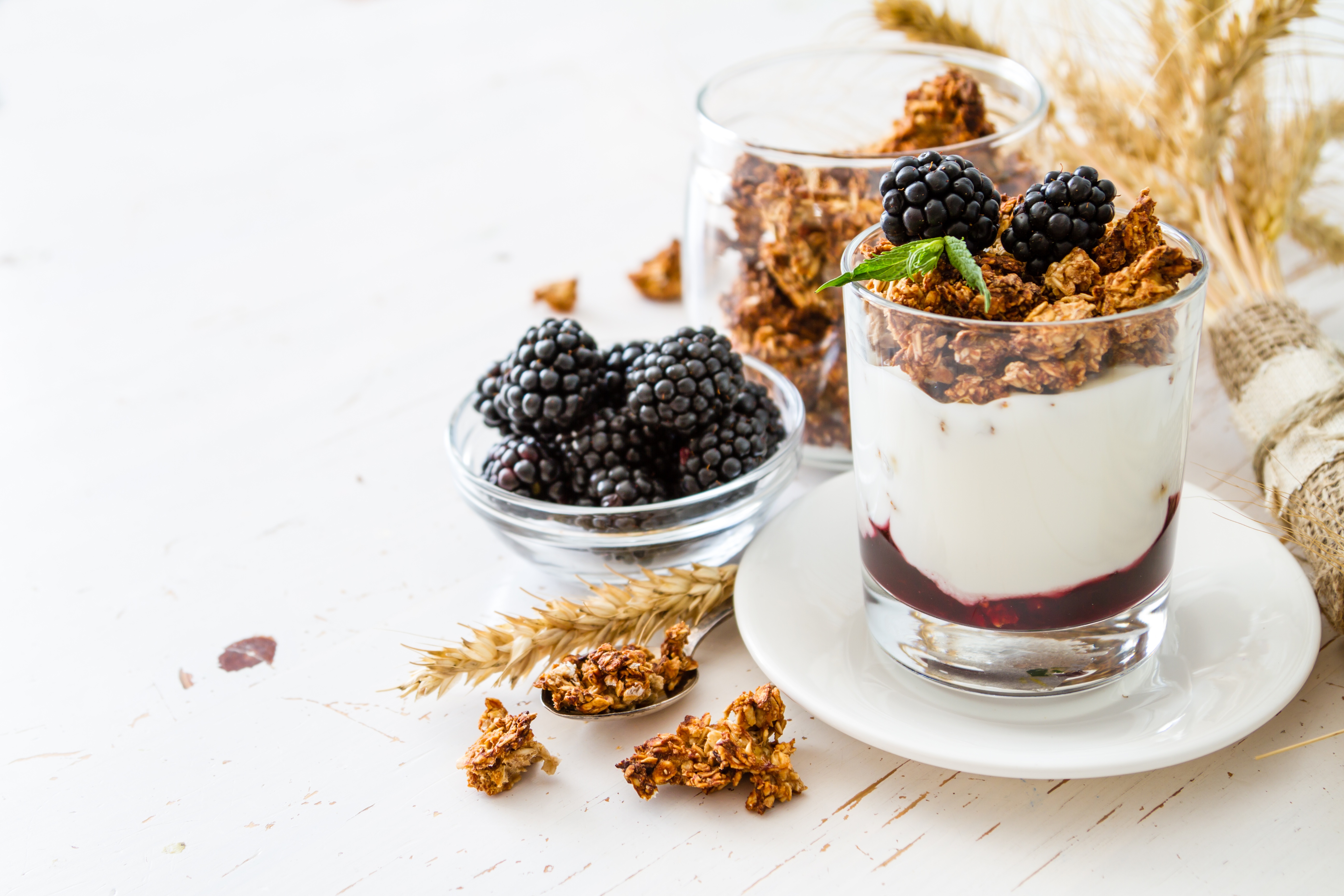 Download mobile wallpaper Food, Still Life, Blackberry, Berry, Yogurt, Granola for free.