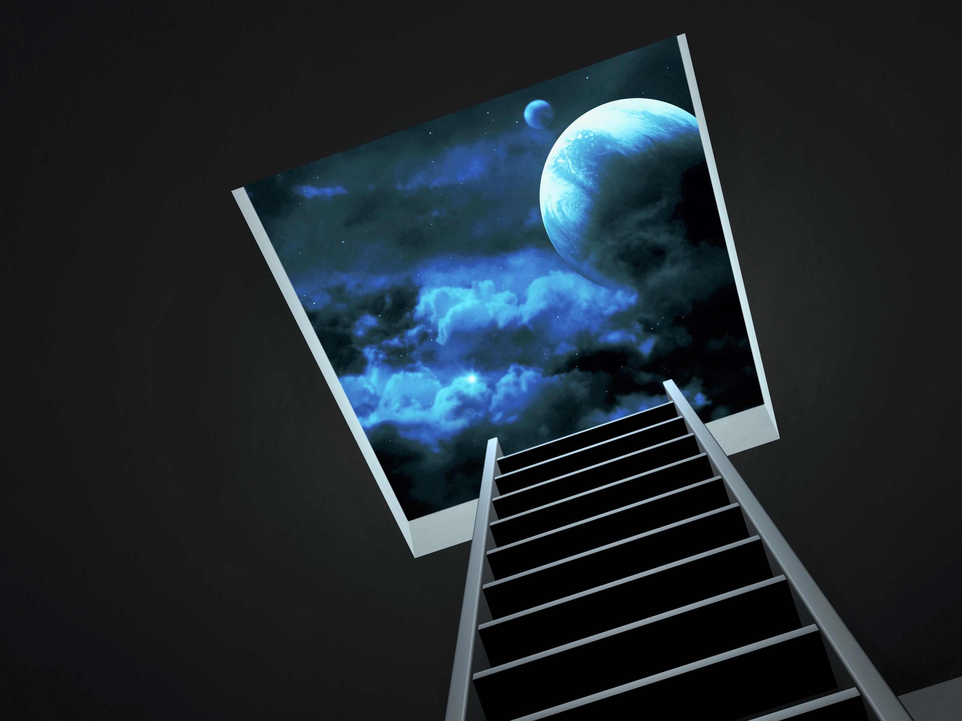 artistic, space, blue, cloud, ladder, planet, sky