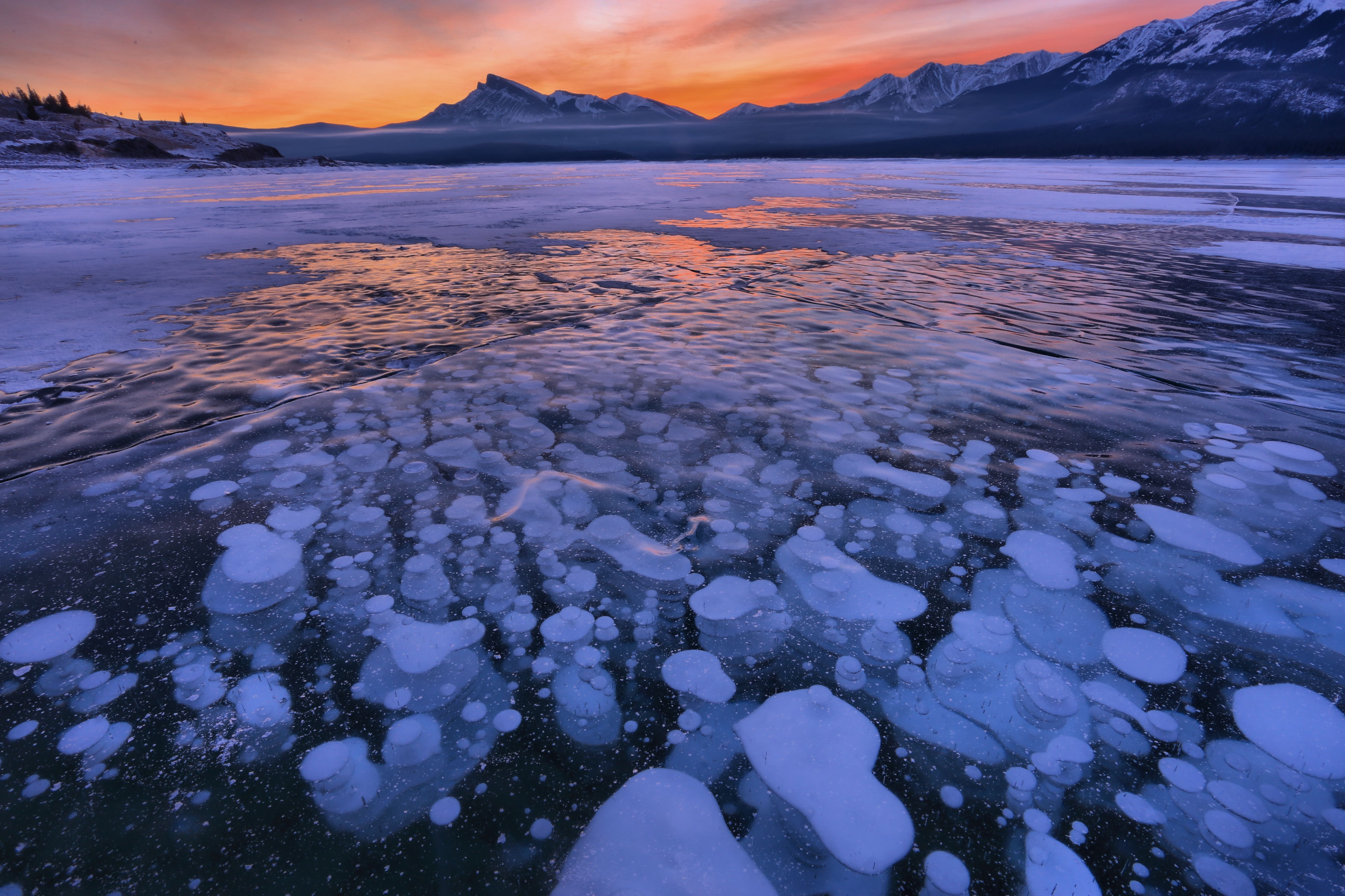 ice, sunset, winter, nature, snow, horizon, lake UHD
