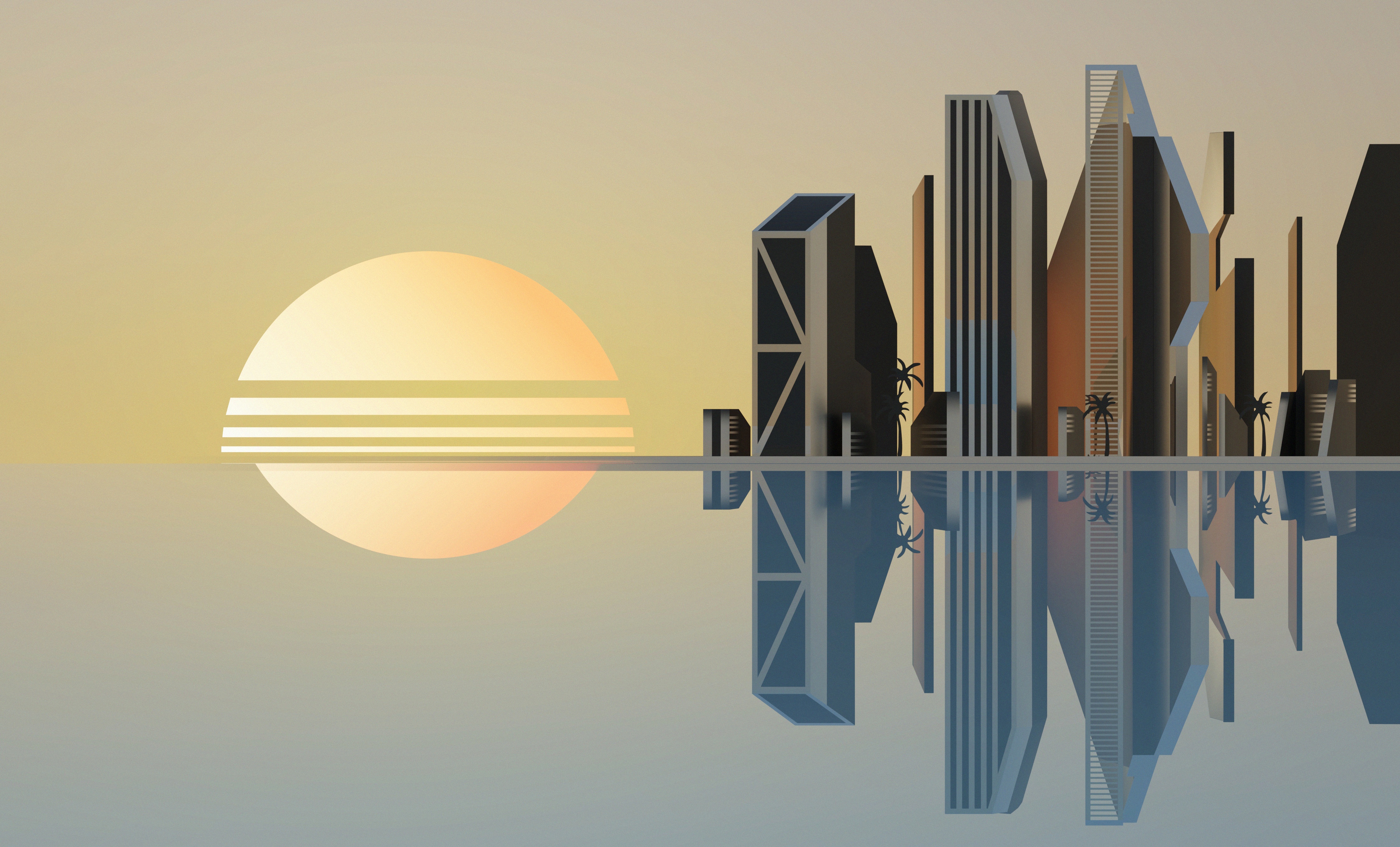 retro wave, synthwave, artistic, city, reflection, sun, sunset
