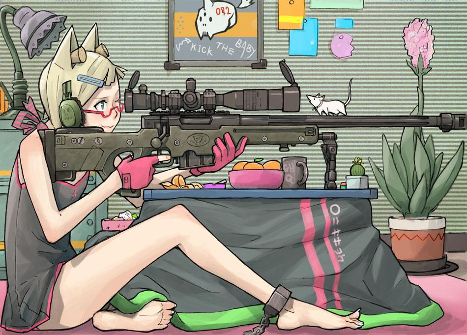 animal ears, girl, anime, barefoot, gun, sniper