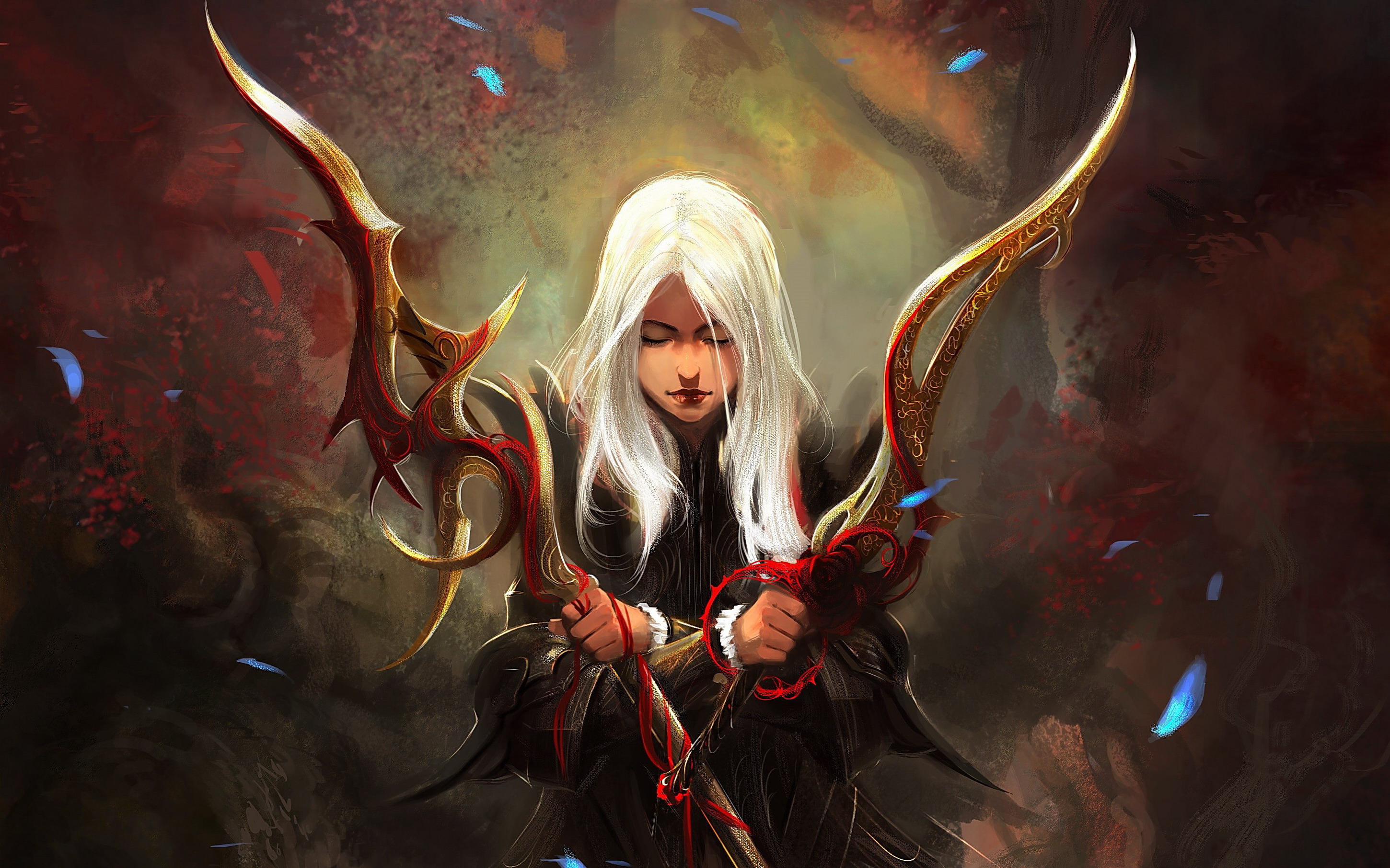fantasy, women warrior, dagger, weapon, white hair, woman warrior