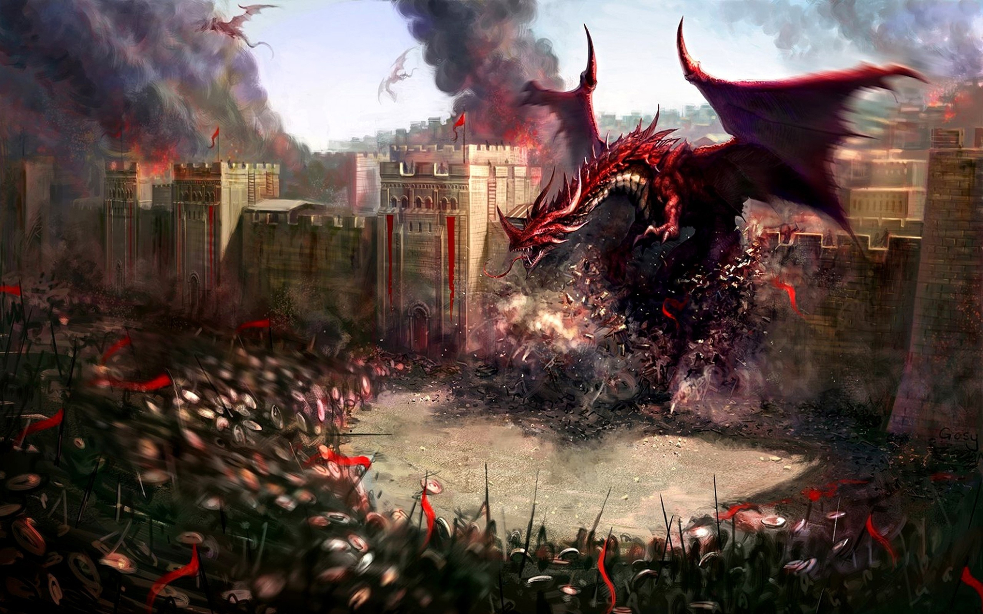 fantasy, dragon, army, battle, city 4K