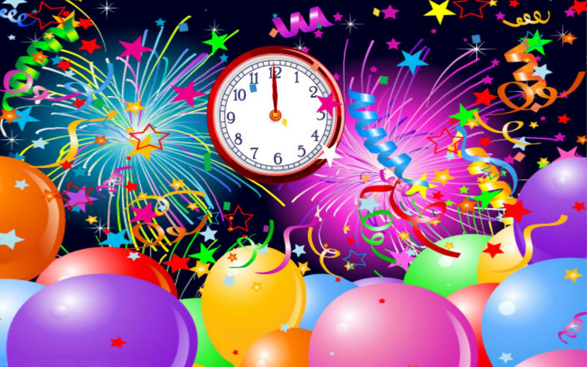 802744 скачать обои новый год, часы, праздничные, воздушный шар, красочный, конфетти - заставки и картинки бесплатно